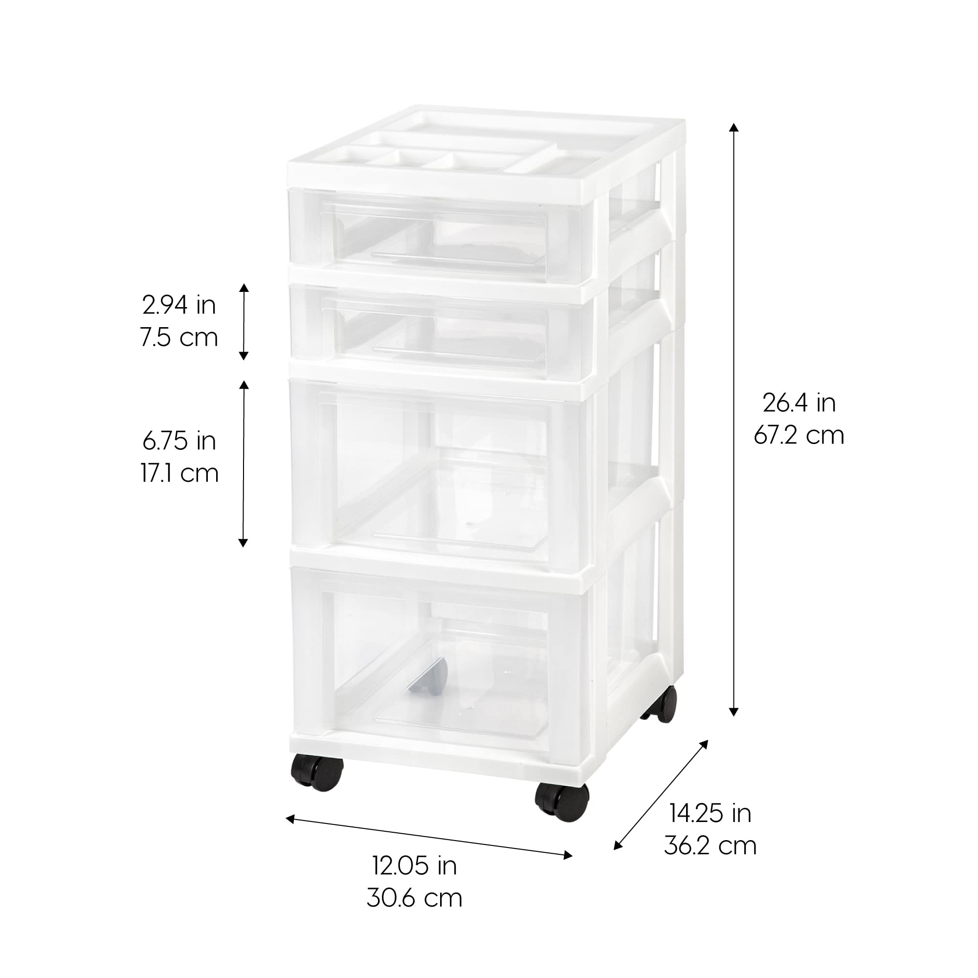 IRIS USA 4-Drawer Plastic Storage Organizer Rolling Cart with Wheels - White/Clear | Perfect for Classroom, Craft Supplies, Bathroom, Dorm & Laundry Room Organization