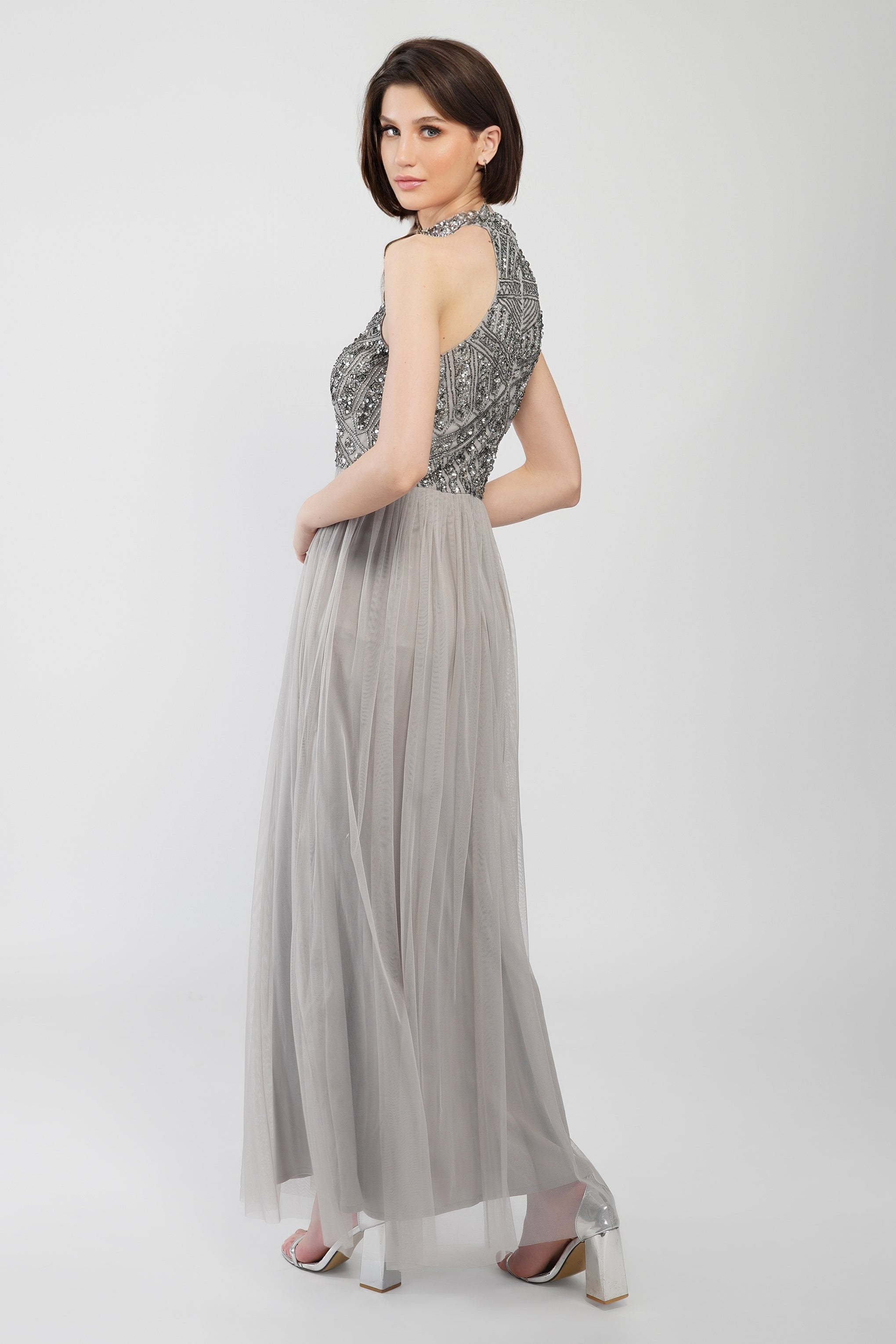 Elegant Sareen Grey Embellished Maxi Dress for Women - Perfect for Weddings, Parties & Special Occasions
