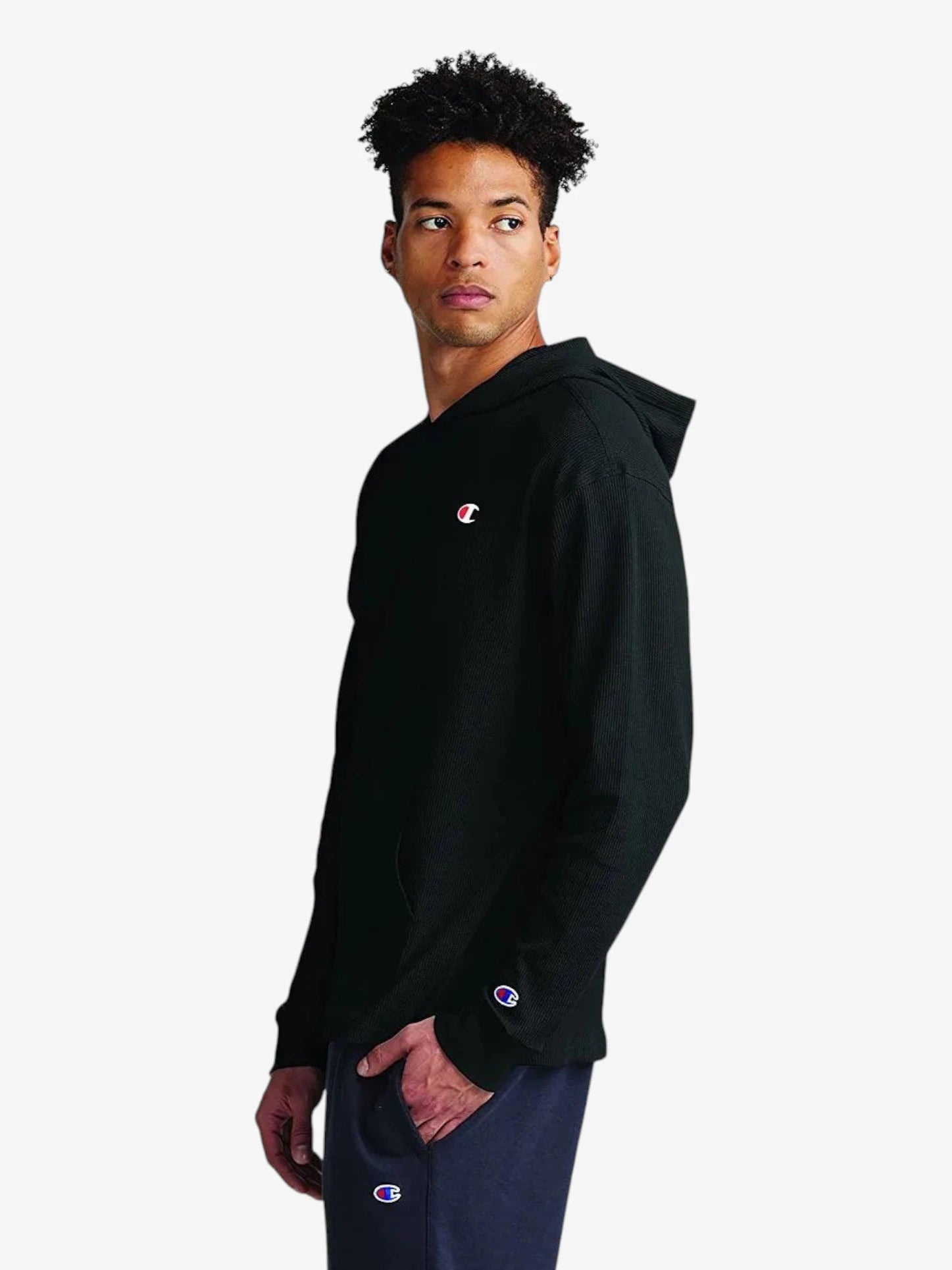 Champion Waffle Knit Sweatshirt for Men - Black Cotton Pullover Hoodie for Casual Wear, Gym & Street Style