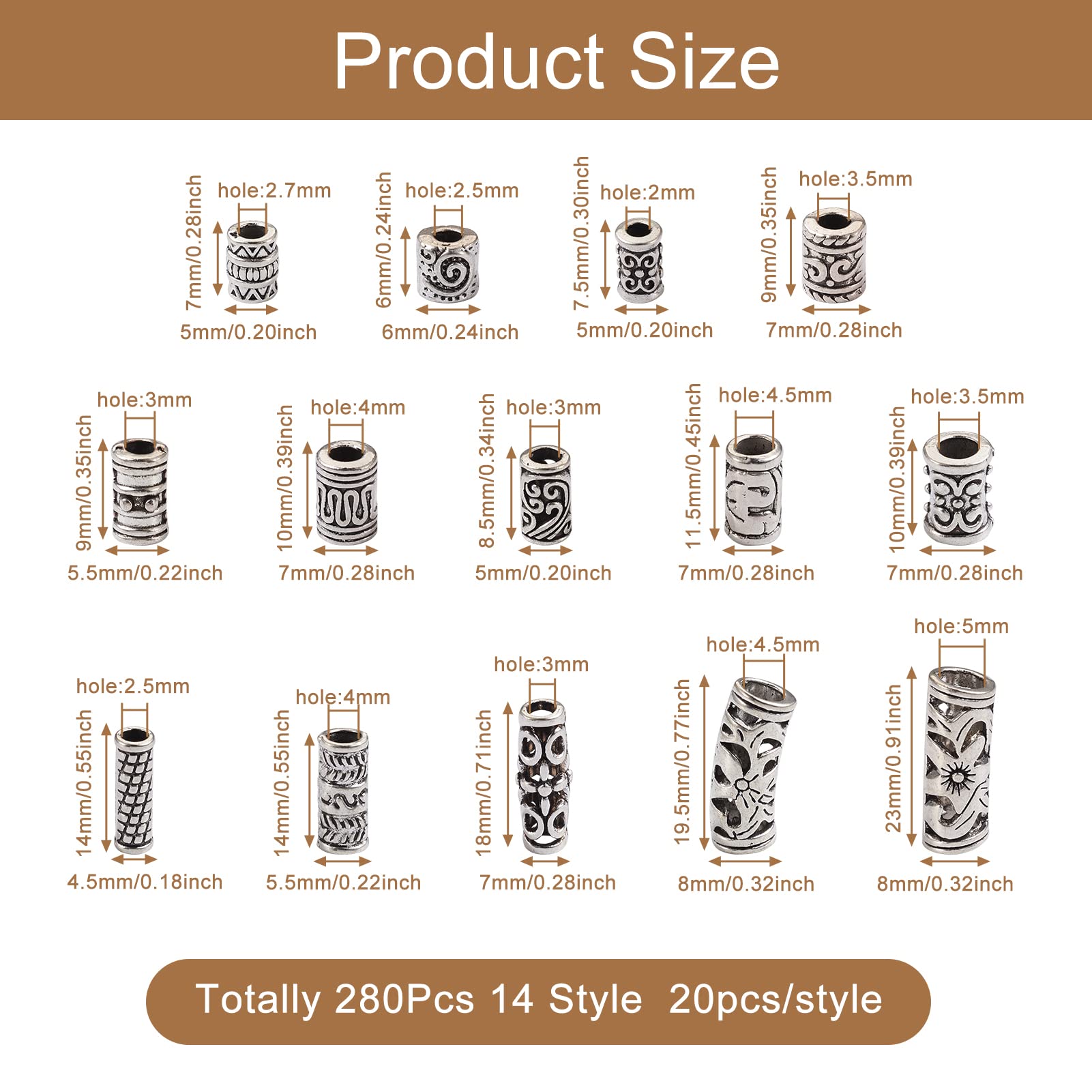 KISSITTY 280pcs Tibetan Style Spacer Beads - Antique Silver Metal Tube Beads for DIY Jewelry Making (Bracelets, Earrings, Necklaces) | 14 Styles Bulk Loose Beads | Perfect for Boho, Ethnic & Handmade Jewelry Designs