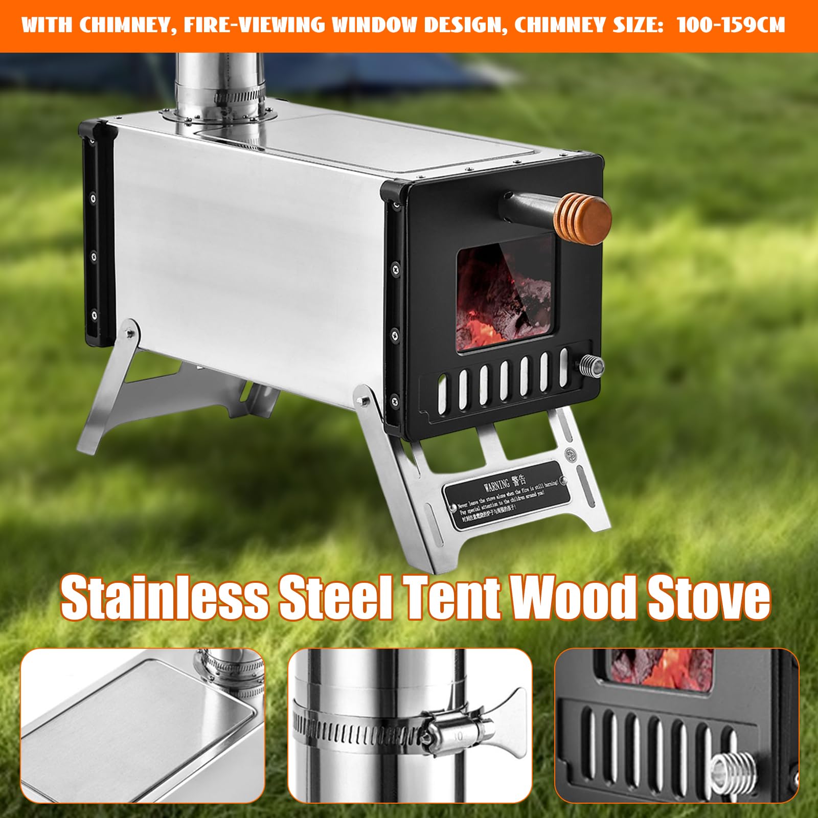 Portable Stainless Steel Wood Burning Camping Stove with Chimney Pipe - Compact Outdoor Tent Stove for Camping, Hiking, Backpacking & Fishing | Perfect for Outdoor Cooking, Picnics & Emergency Survival
