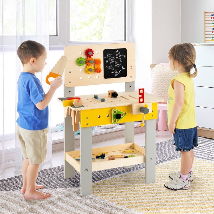 Wooden Pretend Play Workbench Set with Blackboard - Kids DIY Tool Bench Toy for Toddlers Ages 3-6 | STEM Learning, Role Play & Creative Fun for Preschoolers | Perfect for Birthday Gifts & Classroom Activities