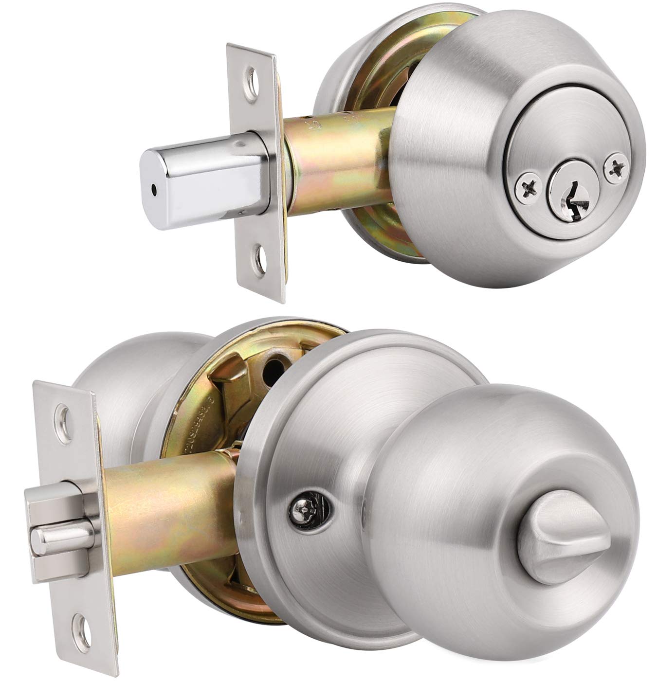 5 Pack Keyed Alike Entry Door Knobs & Deadbolt Lock Set - Satin Nickel Finish, Double Cylinder Security, Round Style Knob for Home & Office Doors | Ideal for Front Door, Bedroom, Bathroom & Interior Doors