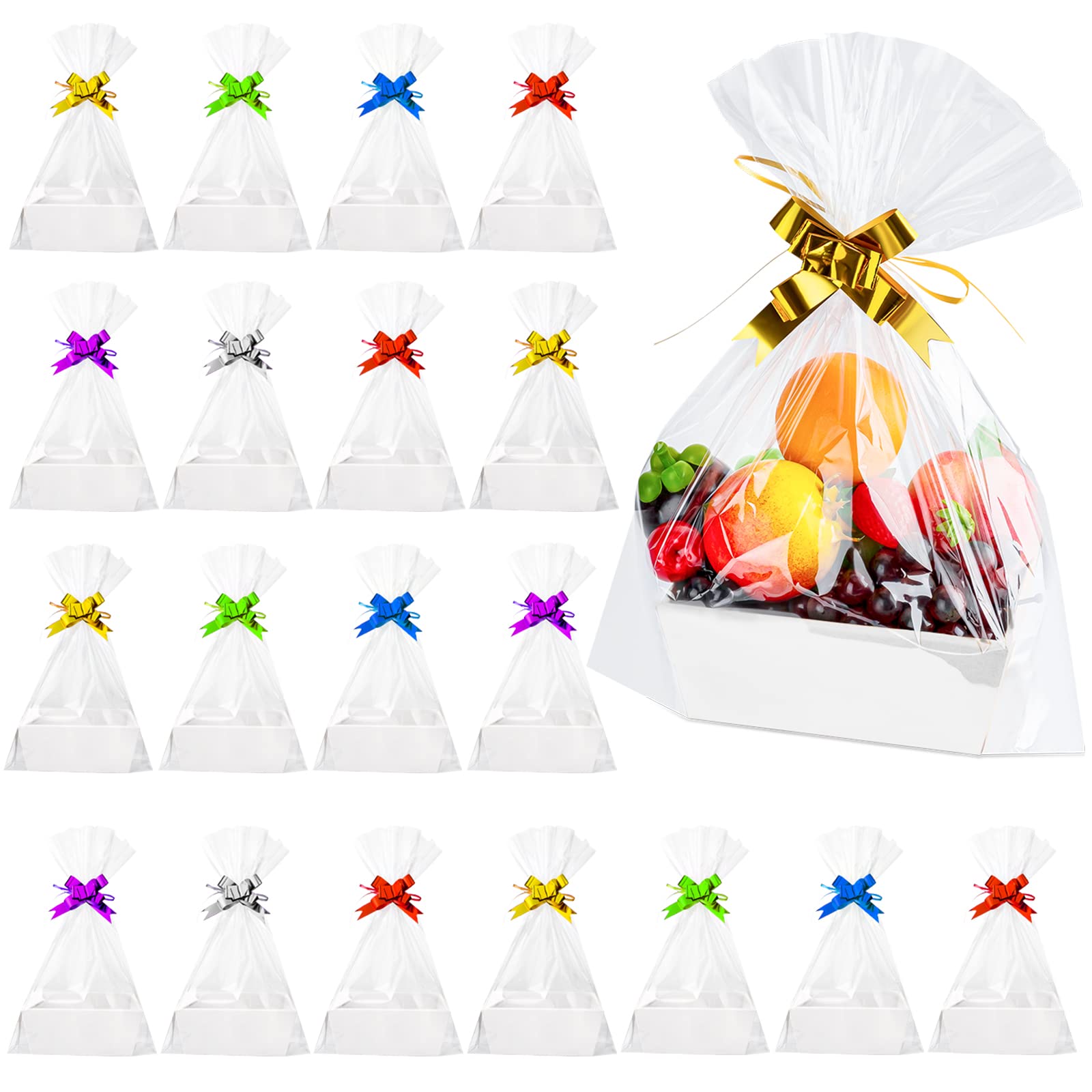 74 Pcs White Gift Baskets Bulk Set - 20 Empty Baskets with Handles, 30 Plastic Bags & 24 Multicolor Bows for Christmas, Thanksgiving, Wedding, Birthday Party Favors - Perfect for Holiday Gifting, Corporate Events and Home Decor