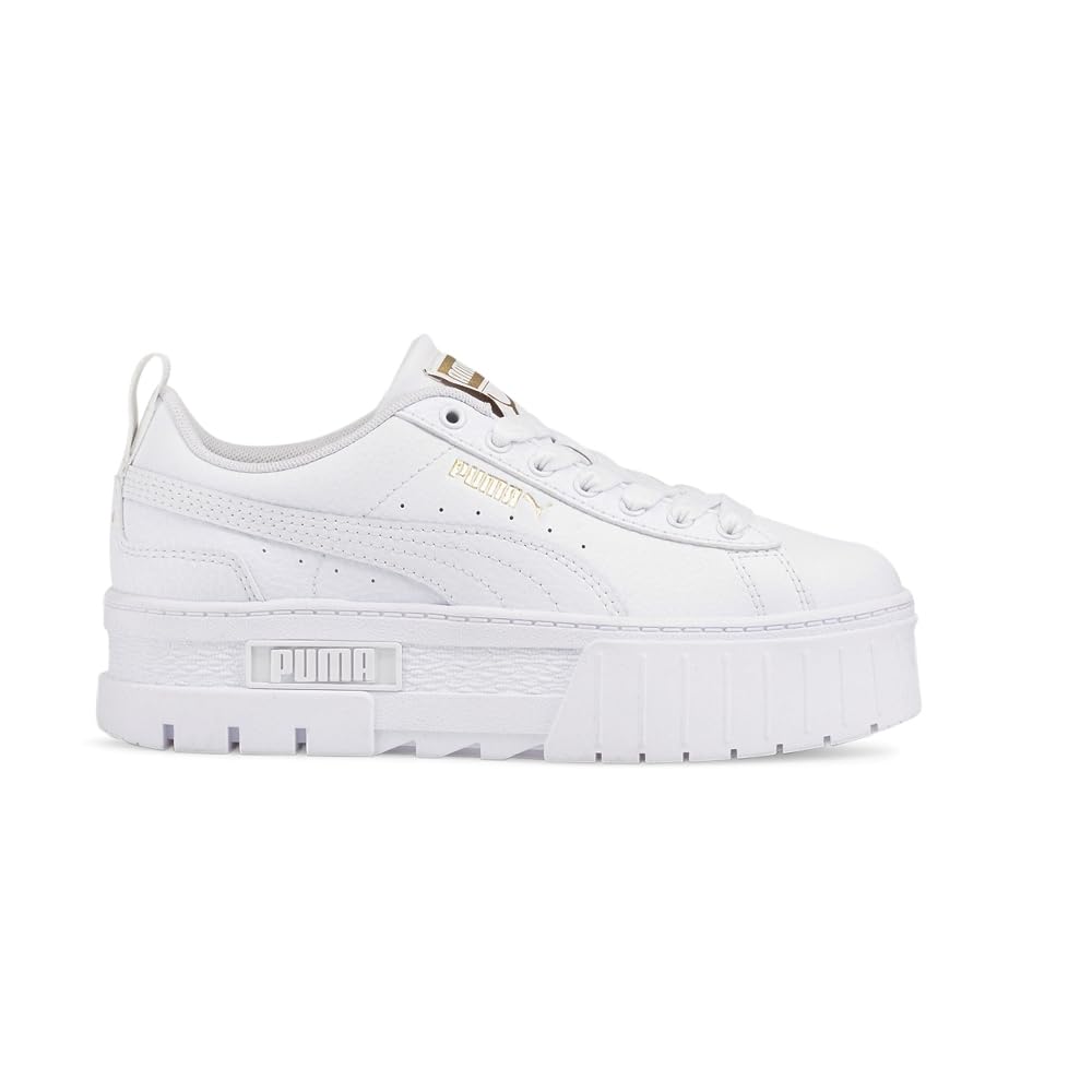 PUMA Mayze Leather Sneakers for Kids - White & Gold Big Kid Size 4 | Stylish & Comfortable for School, Sports & Everyday Wear