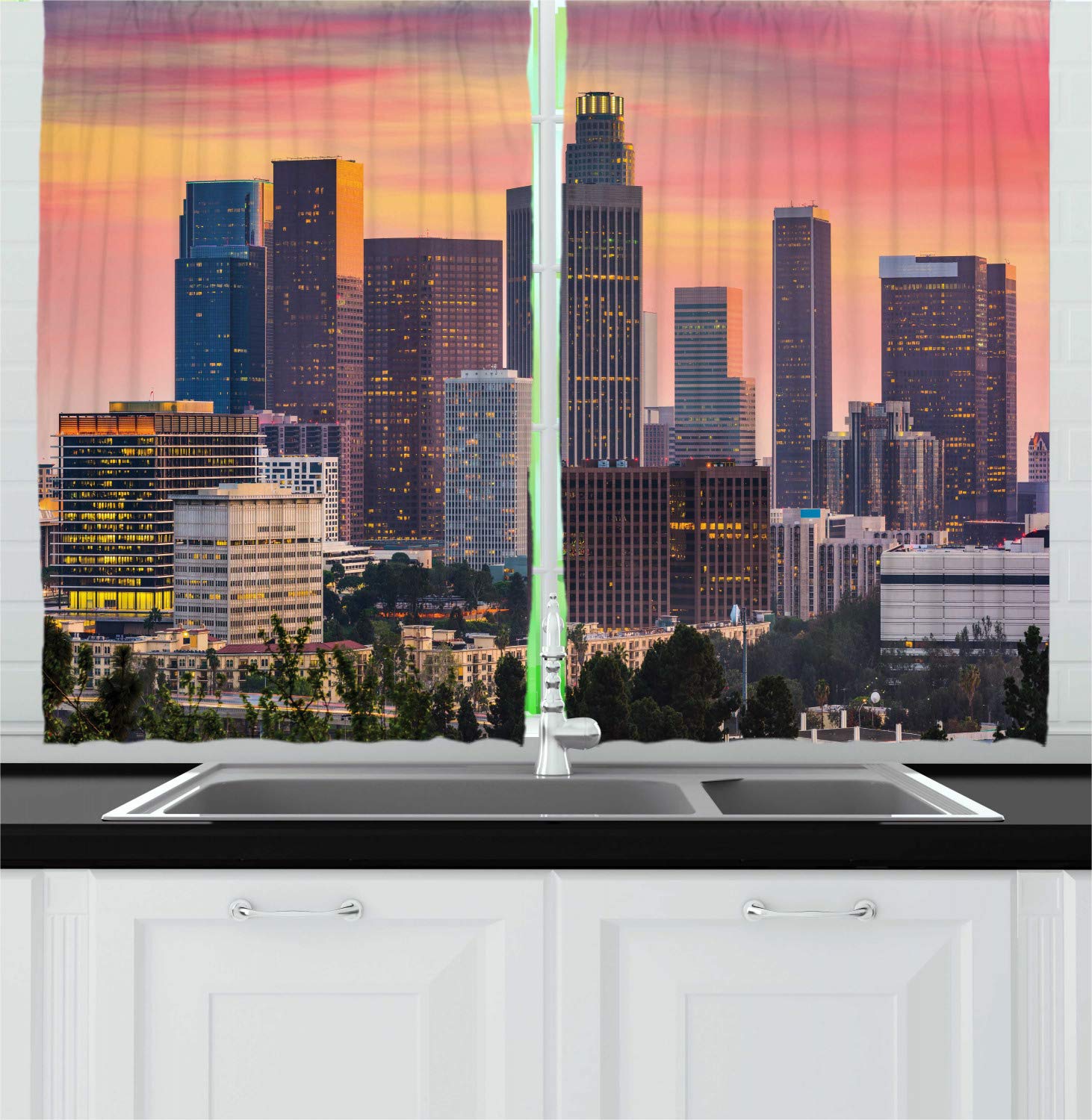 Ambesonne City Kitchen Curtains - Los Angeles California Skyline Modern Buildings Orange Sky Window Drapes 2 Panel Set for Kitchen & Cafe Decor, 55
