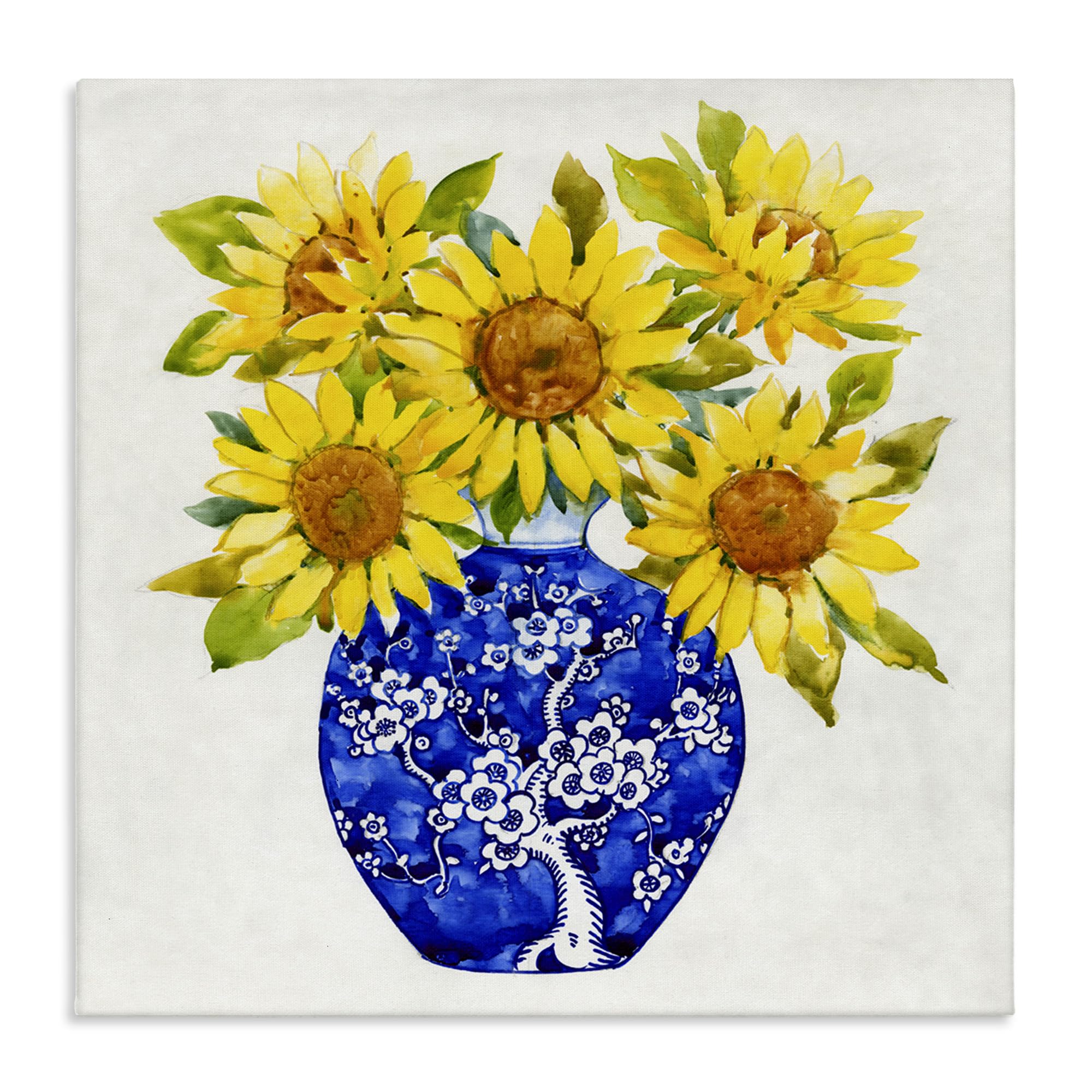 Stupell Industries Watercolor Yellow Sunflower Bouquet in Blue Vase Canvas Wall Art - 17x17 Inches, Off-White Framed Home Decor for Living Room, Bedroom & Office