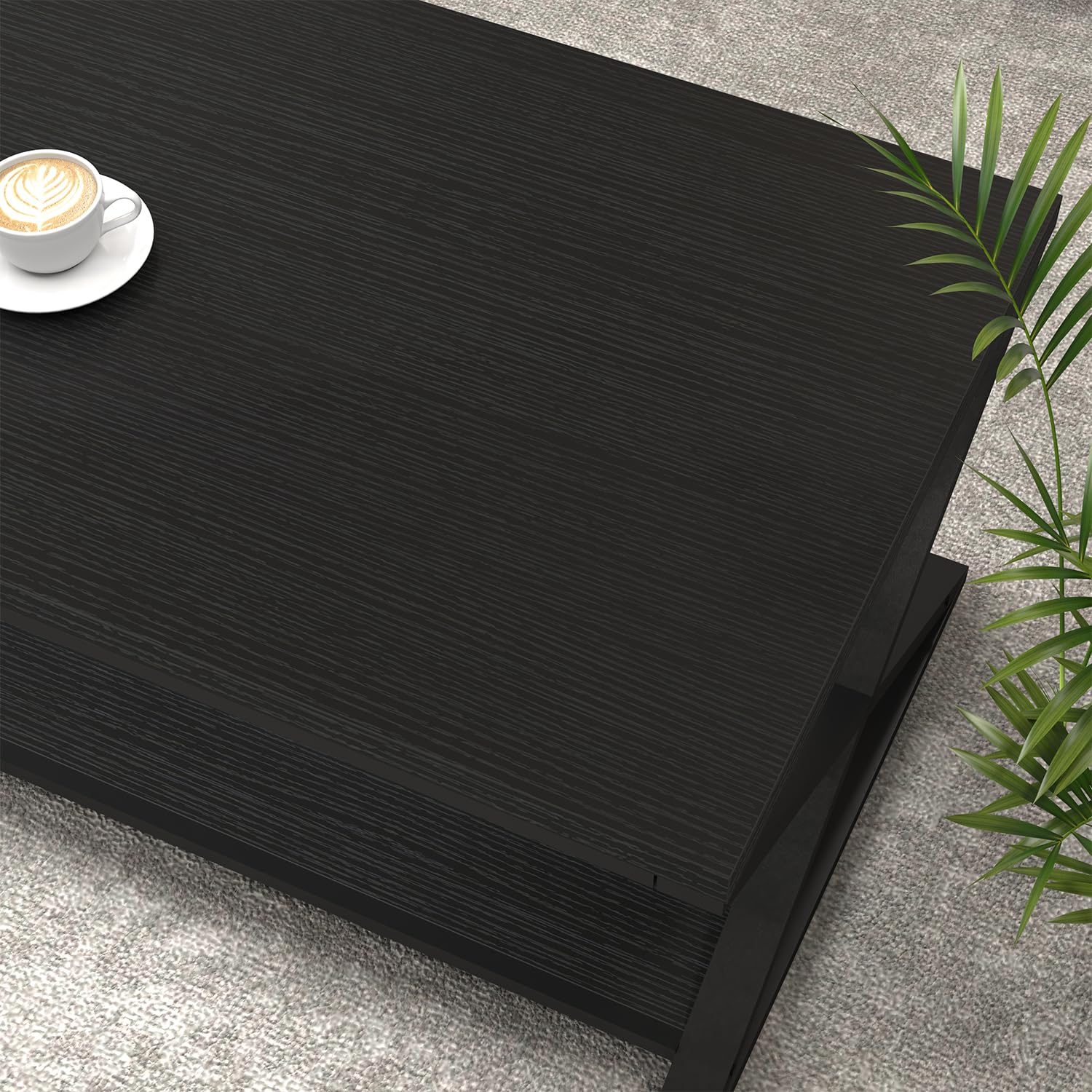 HSH Modern Minimalist Black Coffee Table with Storage Shelf - 39 Inch 2-Tier Rectangle Metal & Wood Center Table for Living Room, Home Office, Bedroom - Perfect for Cocktail Parties, Tea Time, and Display Decor