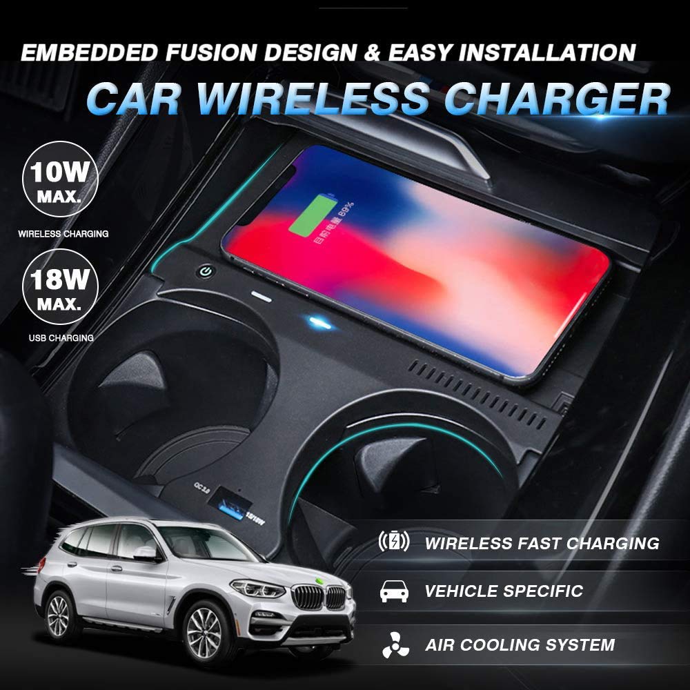 Fast Wireless Car Charger for BMW X3 X4 (2018-2021) - 10W Qi-Certified Charging Pad with 18W USB Port - Compatible with iPhone, Samsung Galaxy & LG Phones - Perfect for Commuting, Road Trips & Hands-Free Charging