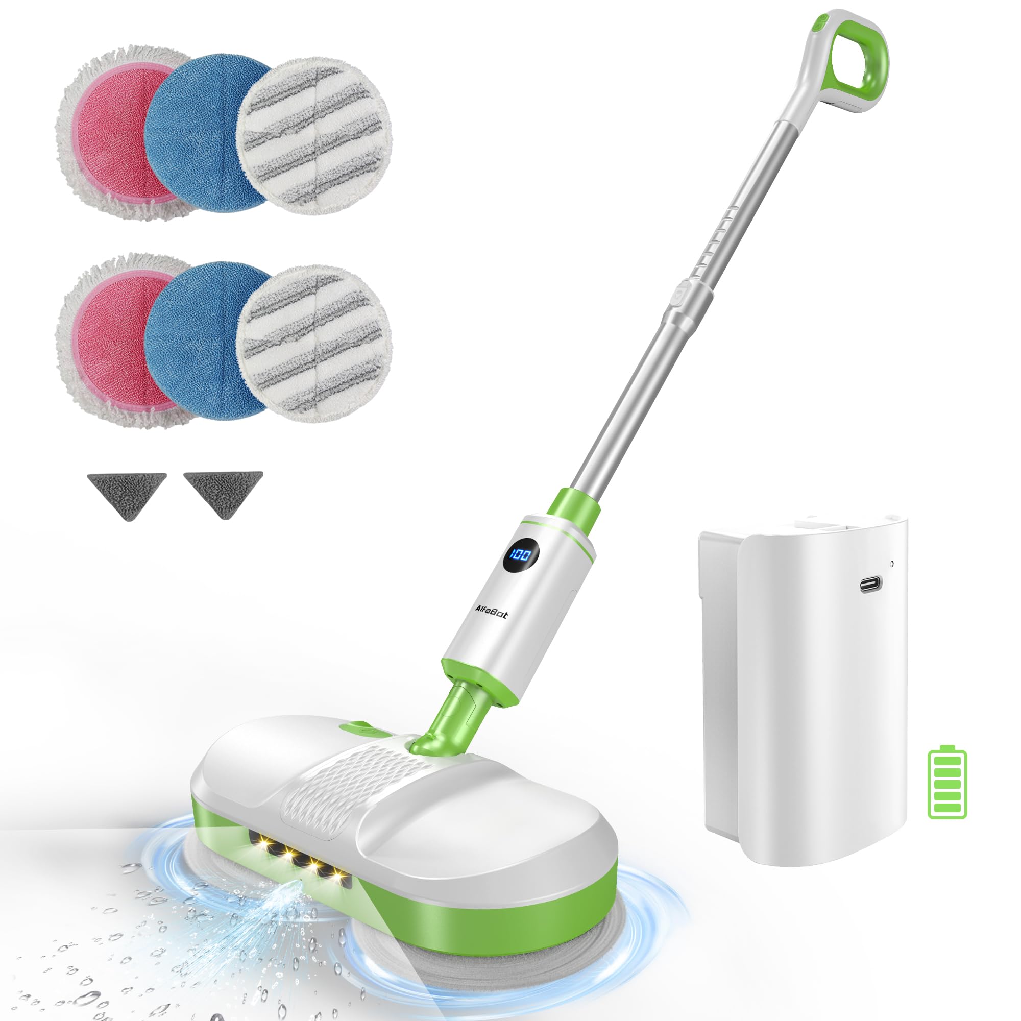 AlfaBot Cordless Electric Spin Mop for Hardwood Floors & Tile - Self-Propelled with LED Headlight, Water Spray & Large 2700 sq ft Capacity - Rechargeable Wet Dry Mop for Home, Kitchen & Pet Hair Cleaning