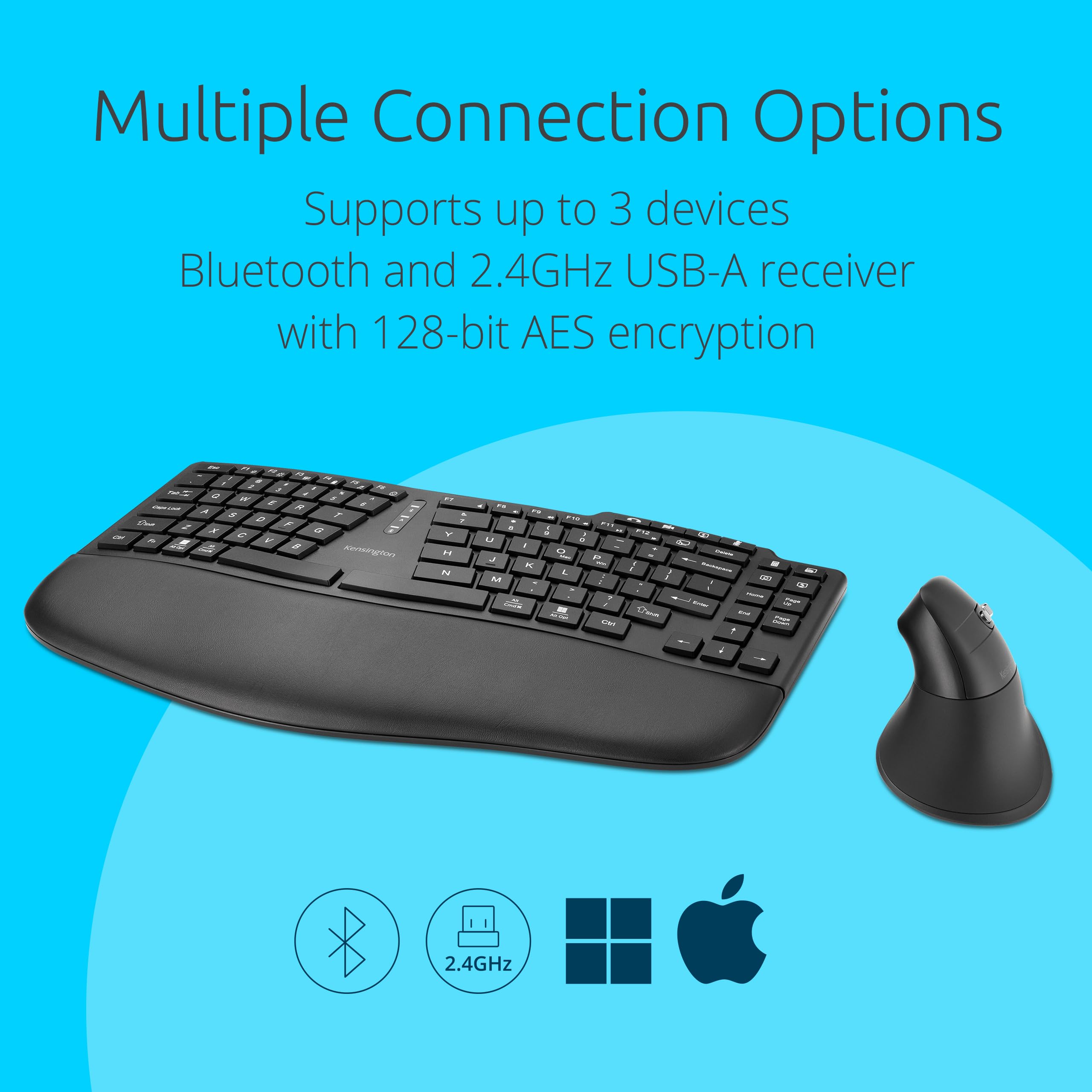 Kensington Pro Fit Ergo KM675 EQ Wireless Ergonomic Keyboard and Mouse Combo - Rechargeable Split TKL Keyboard, Bluetooth & 2.4GHz for 3 Devices, Programmable Keys (Black, K75492US) - Perfect for Office Work, Gaming & Home Computing
