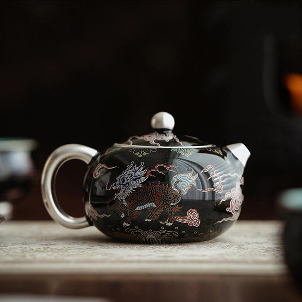 Antique Silver Plated Black Kirin Xi Shi Teapot - Chinese Style Handcrafted Tea Set for Home Decor & Tea Ceremony Gifts