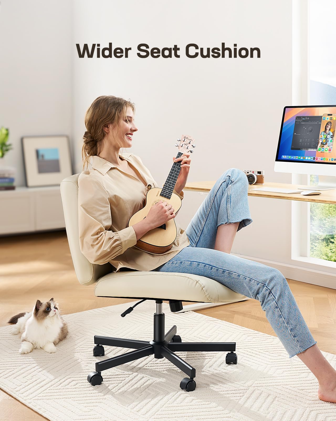 Marsail Criss Cross Chair with Wheels - Wide Mid-Back Armless Office Chair, Scratch-Resistant PVC Leather Cross Legged Desk Chair, Height Adjustable Computer Chair for Home Office - Perfect for Work, Study, and Relaxation