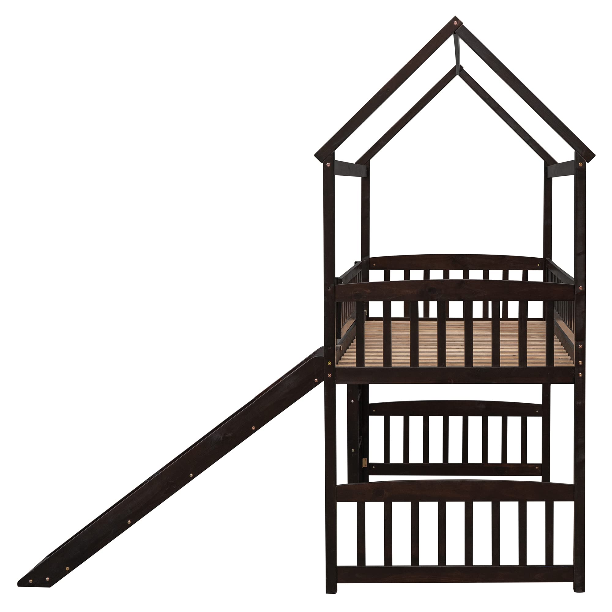 Harper & Bright Designs Twin Loft Bed with Slide & Ladder - Wooden Kids House Loft Bed for Girls & Boys, No Box Spring Needed, Espresso Finish - Perfect for Small Bedrooms, Playrooms & Sleepovers