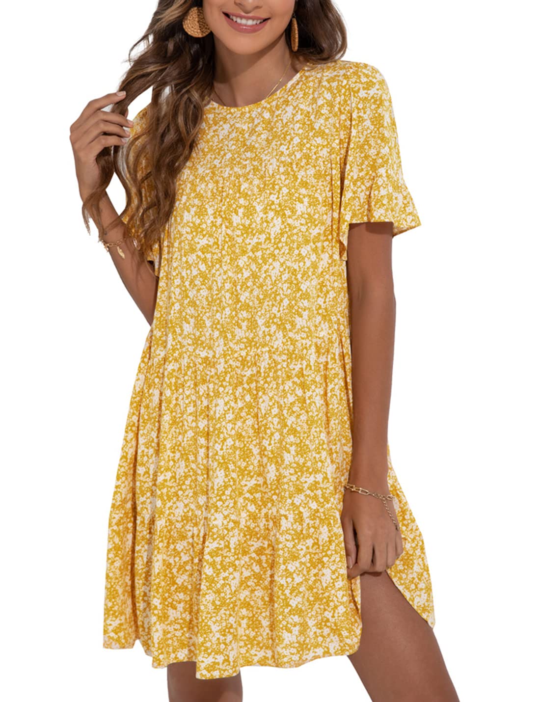Locachy Women's Floral Printed Pleated Mini Dress with Ruffle Sleeves - Summer Round Neck Casual Dress for Beach, Party & Date Night