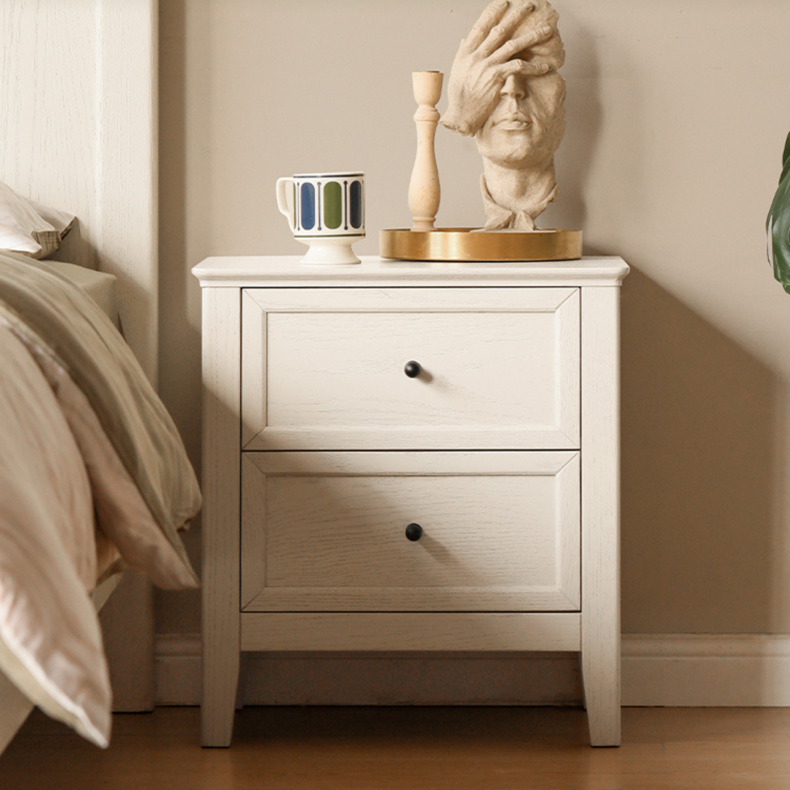 Solid Oak Wood Nightstand - Cream Finish, American Style Bedside Table for Bedroom Decor & Storage