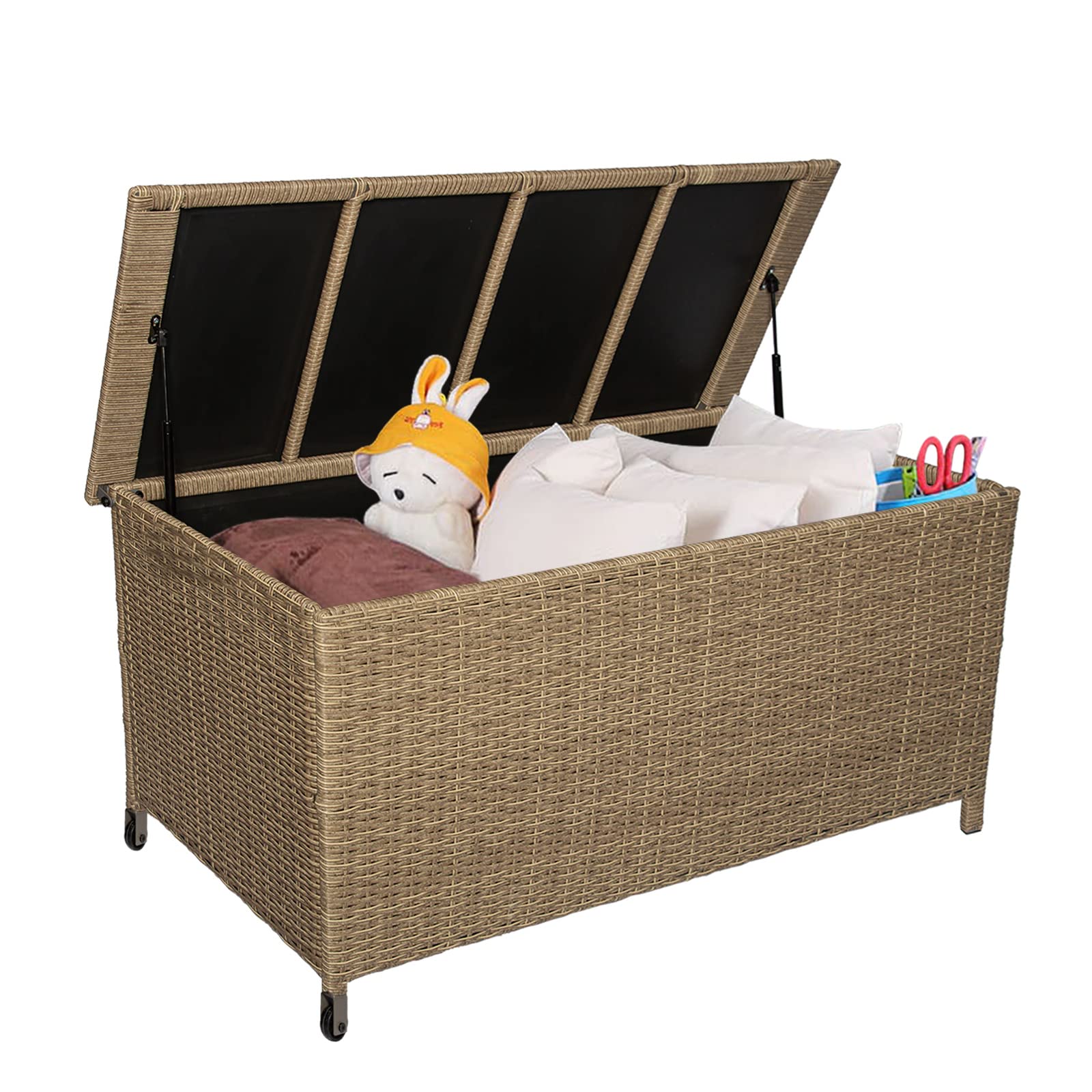 Outdoor Rattan Wicker Storage Deck Box with Wheels & Handles - Waterproof Patio Furniture Organizer for Cushions, Toys, Garden Tools - Perfect for Backyard, Poolside & Outdoor Decor (Brown)