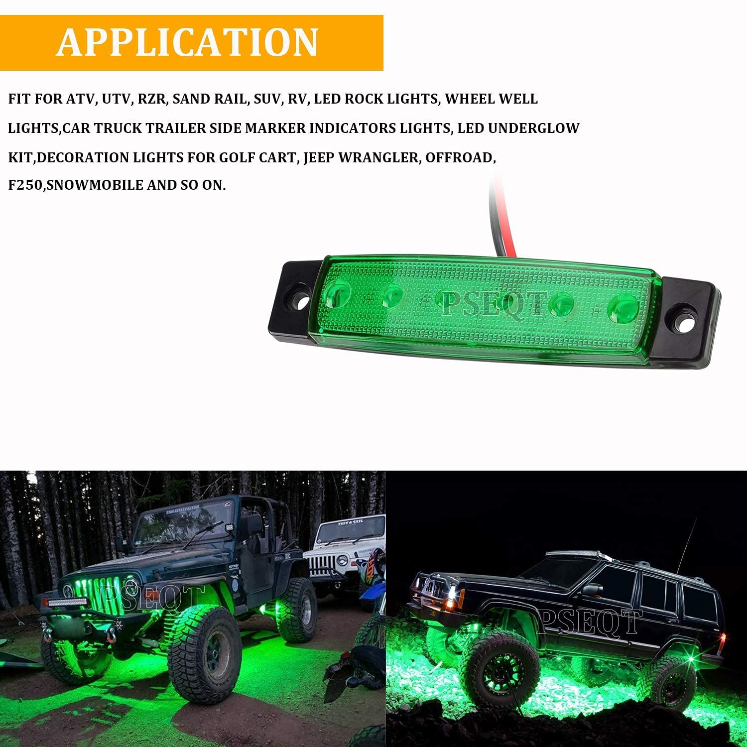 PSEQT 3.9'' LED Rock Strip Lights - Green Car Exterior Underglow Wheel Fender Lighting Kit (10Pcs) with 100FT/30M 22AWG 2pin Extension Cable - Perfect for Off-Road Trucks, Jeeps & Custom Car Lighting
