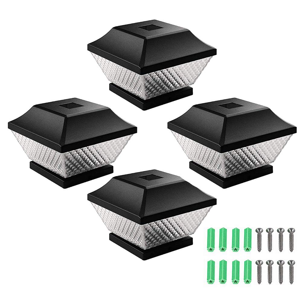Solar Powered Fence Post Lights Outdoor - 4 Pack Black, Warm White LED Solar Post Cap Lights for Wooden Fence Posts | Perfect for Garden, Pathway, Deck, Patio and Backyard Lighting