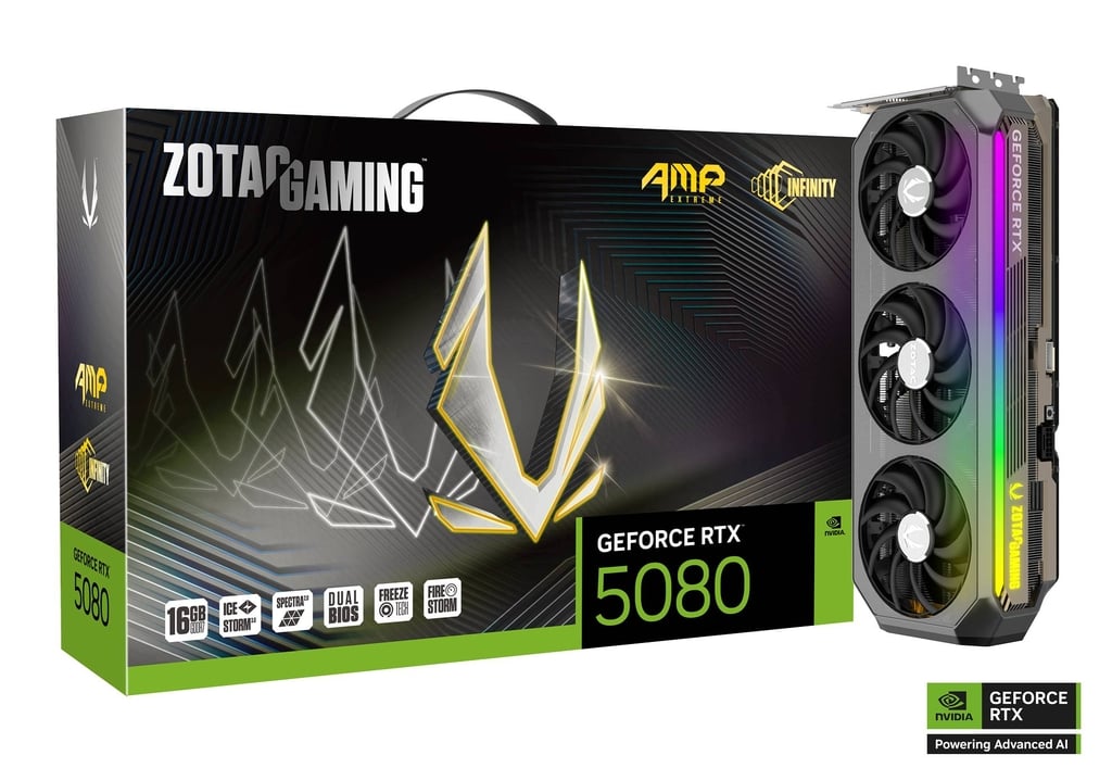 Zotac GeForce RTX 5080 AMP Extreme Infinity 16GB GDDR6 Graphics Card - 4K Gaming, VR Ready, Ray Tracing, AI-Powered DLSS | Perfect for High-End Gaming PCs, Video Editing & 3D Rendering Workstations