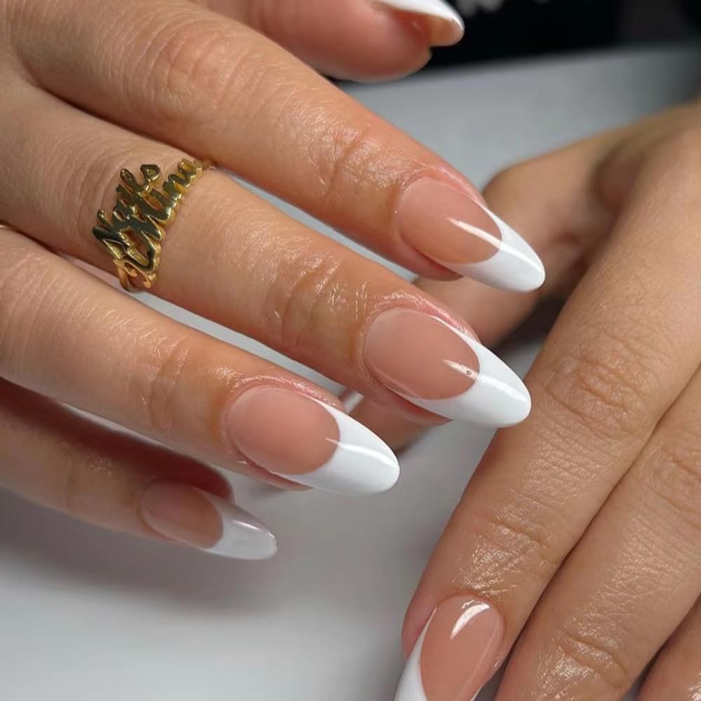 24Pcs Press on Nails Medium Length - Short Almond & Square Fake Nails with Glitter Pink Design | Includes Adhesive Tabs & Nail File | Perfect for Women & Girls | Great for Parties, Weddings, Date Nights & Everyday Wear (Natural 3)