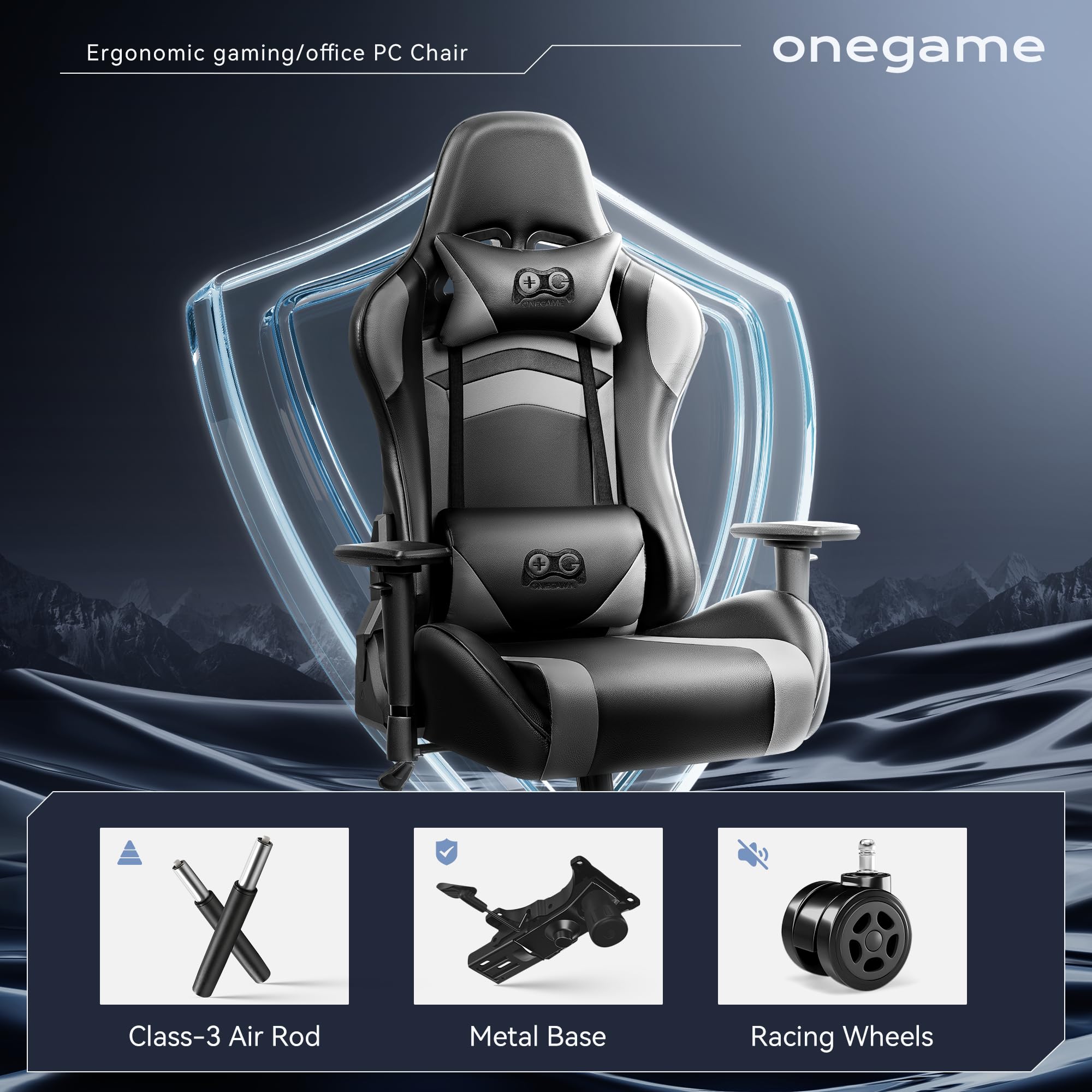 OneGame Black Gaming Chair for Adults - Ergonomic Computer Chair with Adjustable Height, Headrest & Lumbar Support - Racing Style Gamer Chair in Black/Gray - Perfect for PC Gaming, Office Work & Home Entertainment
