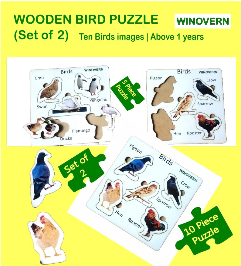 WINOVERN Wooden Bird Puzzle Set for Kids Ages 1-5 - 10 Piece Educational Animal Puzzle Toy with Montessori Learning - Perfect for Toddler Birthday Gifts & Preschool Classroom Activities (2 Pack)
