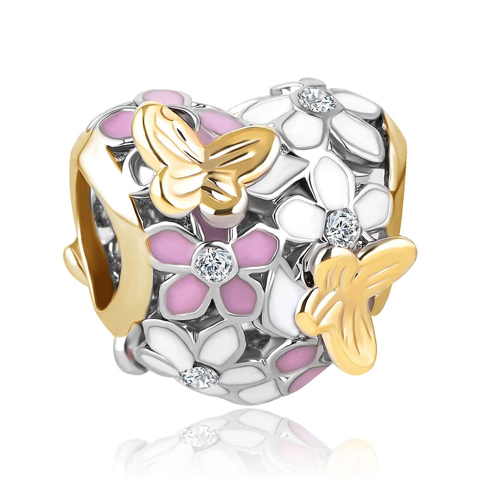 Pandora Compatible Butterfly Love Heart Charm - Gold Pink White Flower Design for Women's Bracelets | Birthday Christmas Gift Idea for Her | Perfect for Everyday Wear, Special Occasions & Jewelry Collection