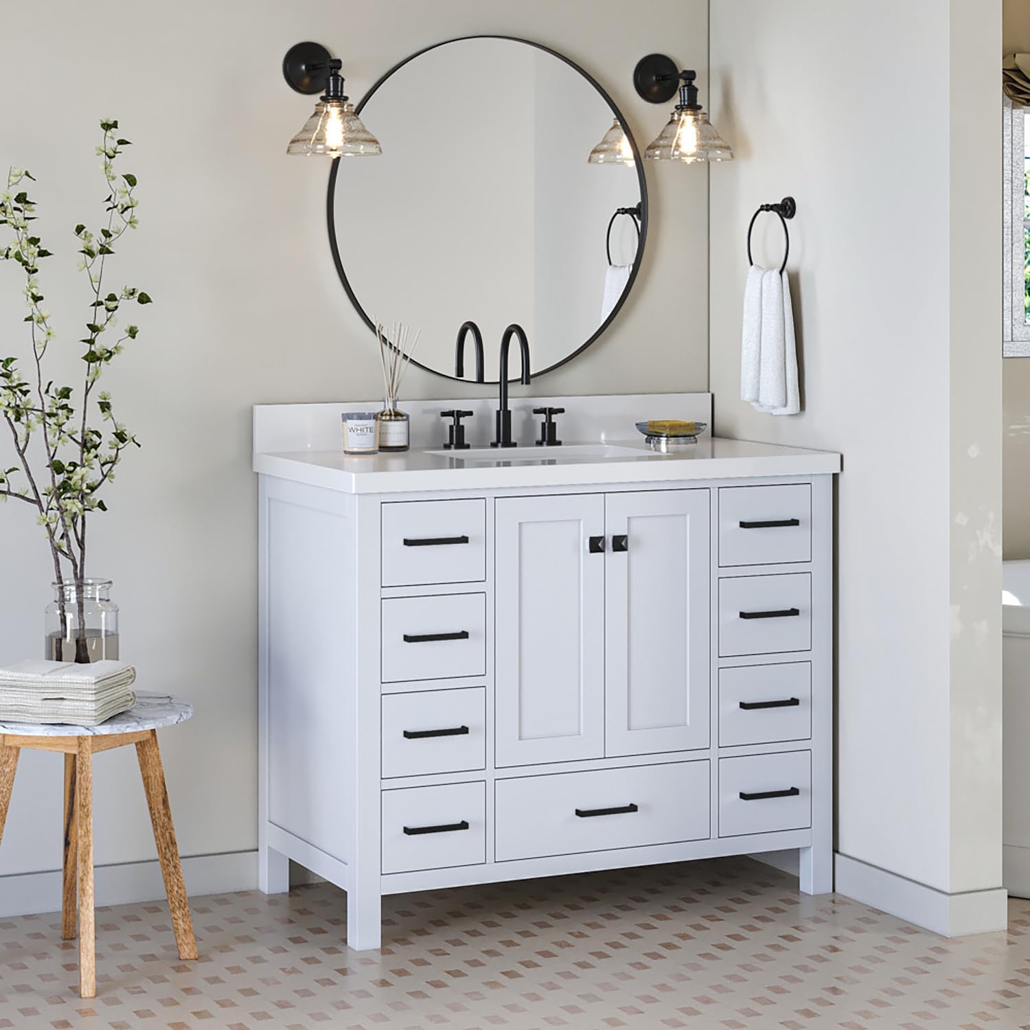 **ARIEL Cambridge 43 Inch White Bathroom Vanity with Sink - Solid Wood Cabinet, Quartz Countertop, 1.5