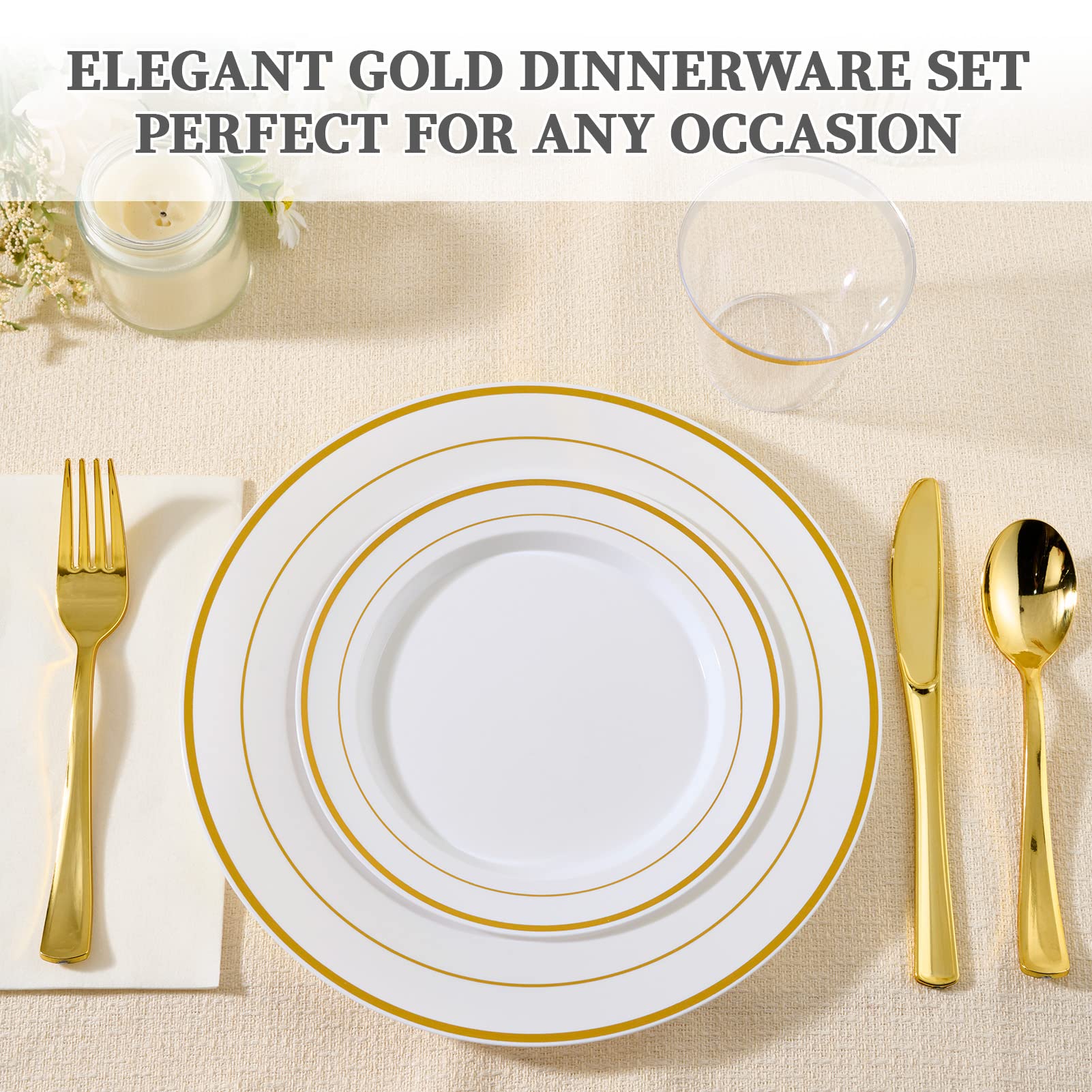 Gold Disposable Dinnerware Set - 600 Ct White Plastic Plates with Gold Rim for Wedding & Party