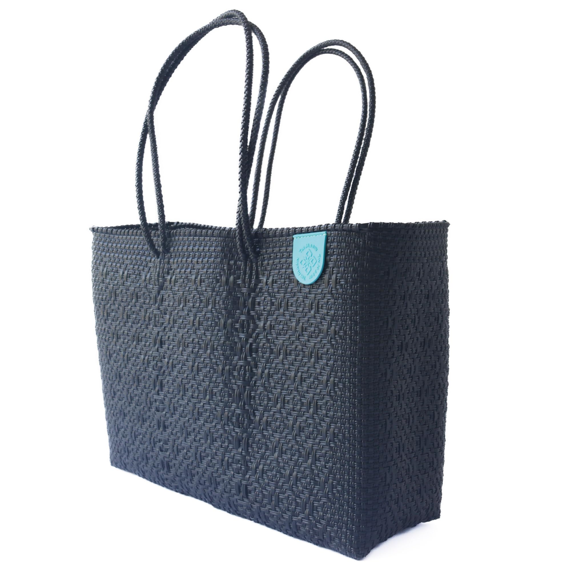 Eco-Friendly All Black Woven Super Tote - Handwoven Recycled Plastic Beach Bag | Mexican Artisan Tote for Summer, Travel & Shopping | Water-Resistant & Durable