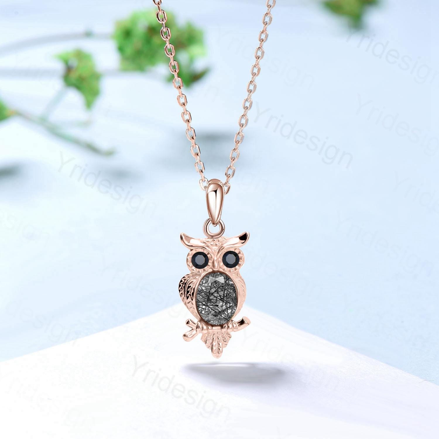Unique Personalized Owl Pendant Necklace - Black Rutilated Quartz & Silver/Rose Gold Animal Jewelry - Perfect for Gifts, Night Out & Boho Fashion