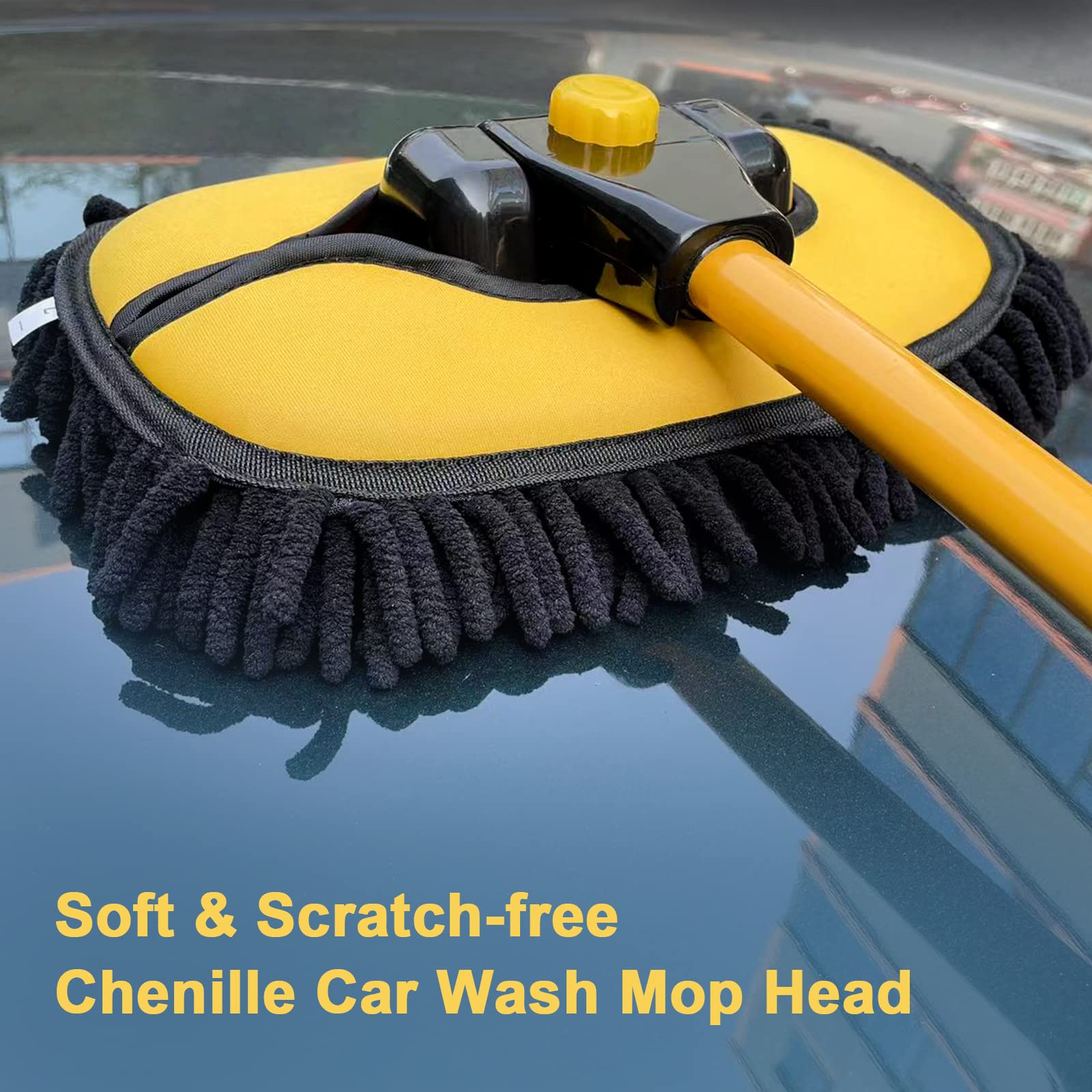 Premium Microfiber Car Wash Brush with Extendable 15° Curved Pole - Replaceable Chenille Brush Head for Gentle Cleaning - Ideal for RV, Truck, Camper & SUV Washing - Yellow Car Detailing Kit for Scratch-Free Shine