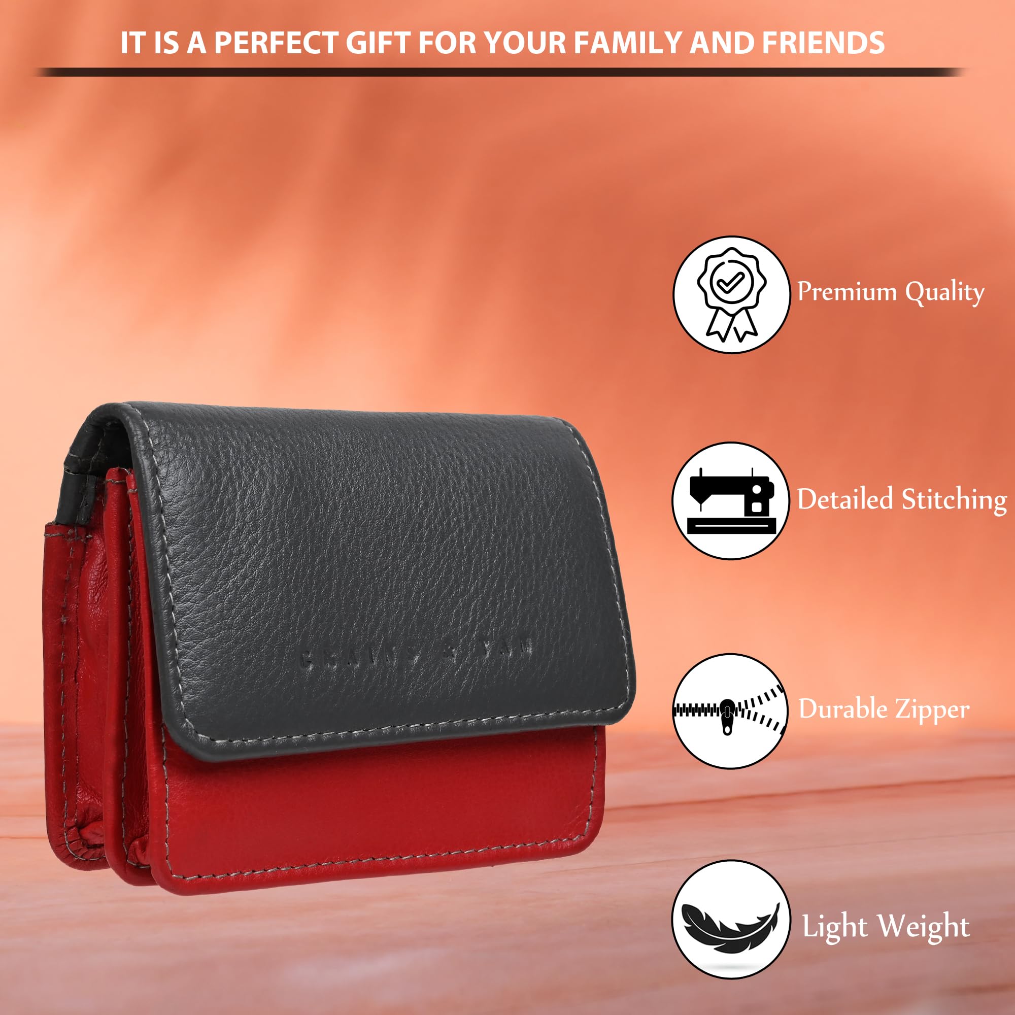 Genuine Leather Slim Wallet for Women - RFID Blocking Credit Card Holder with Coin Purse & External ID Window | Small Bifold Wallet for Everyday Use, Travel & Business (Grey/Red)