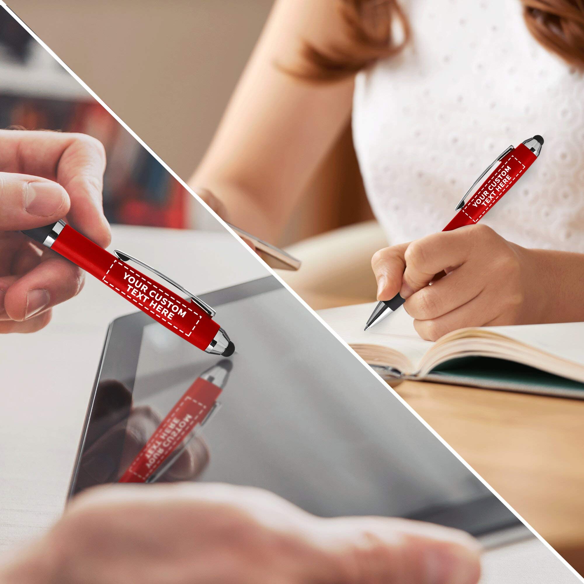 Customized Ballpoint Pens with Stylus Grip - 100 Pack Bulk Office Supplies - Personalized Text & Logo Printing - Red Plastic Pens for Business Promotions, School, and Office Use