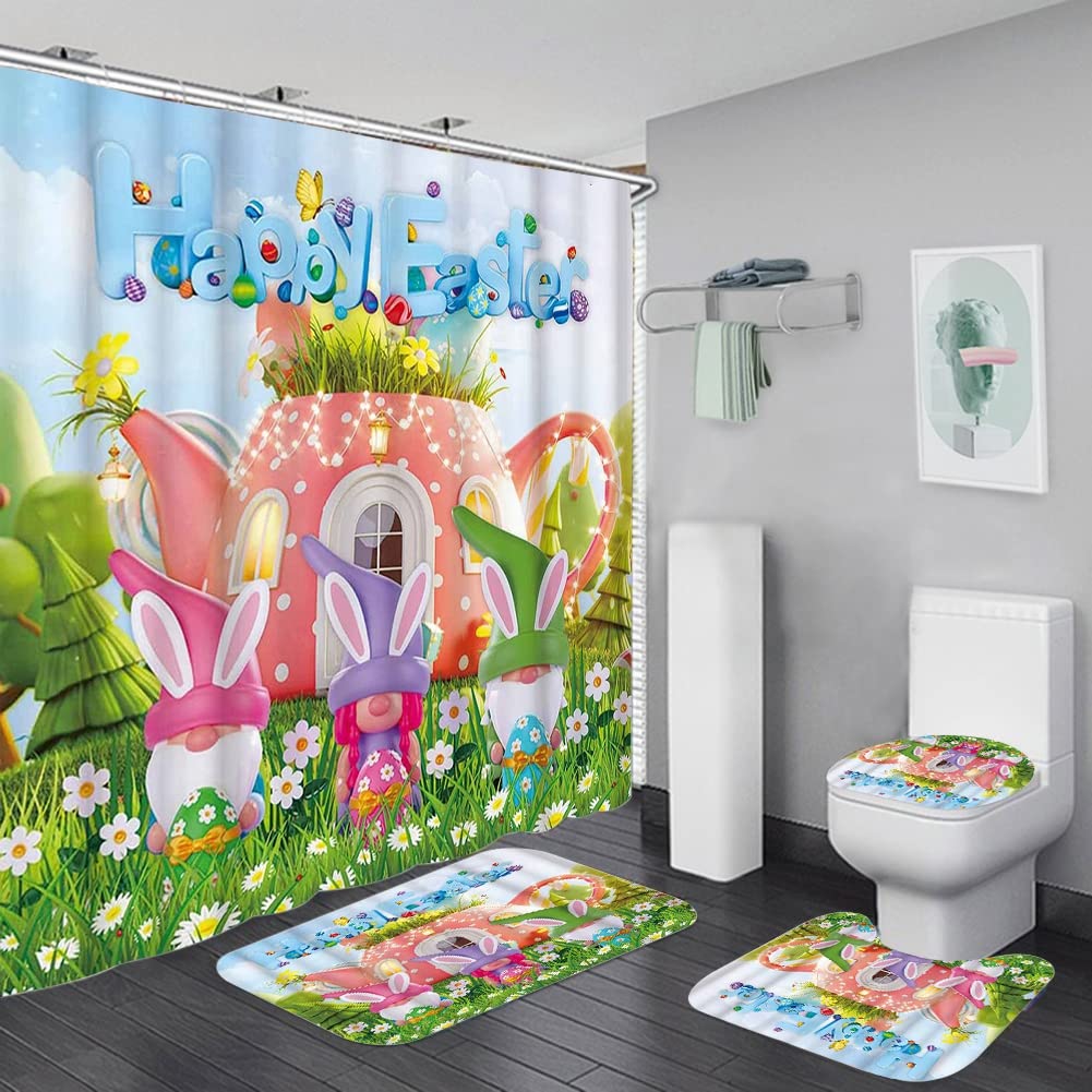 Easter Shower Curtain Set - 4Pcs Waterproof Polyester Bathroom Decor with Bunny & Egg Design | Perfect for Easter Home Decor & Spring Bathroom Accessories