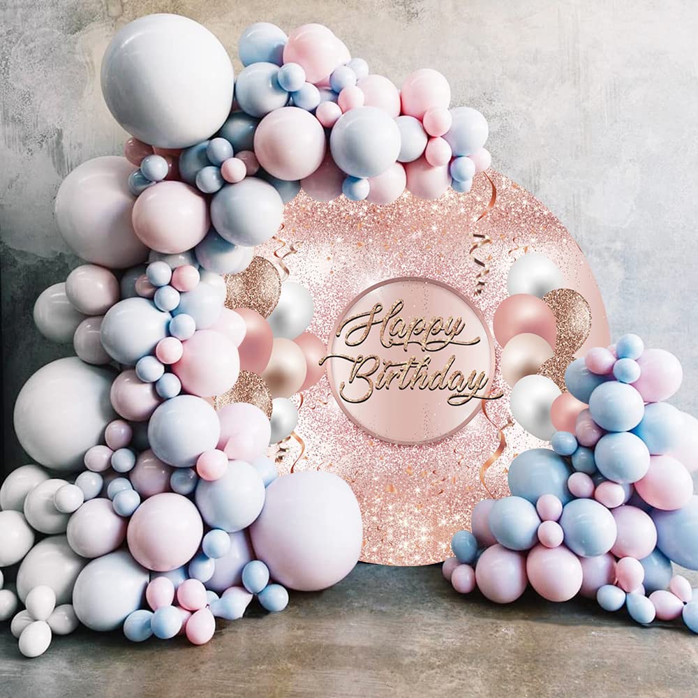 Yeele 7.5x7.5ft Pink Rose Gold Glitter Happy Birthday Backdrop with Sparkle Balloons - Photography Background for Women's Birthday Party, Sweet Girl Princess Theme, Cake Table Decor - Perfect for Baby Showers, Bridal Showers & Anniversary Celebrations