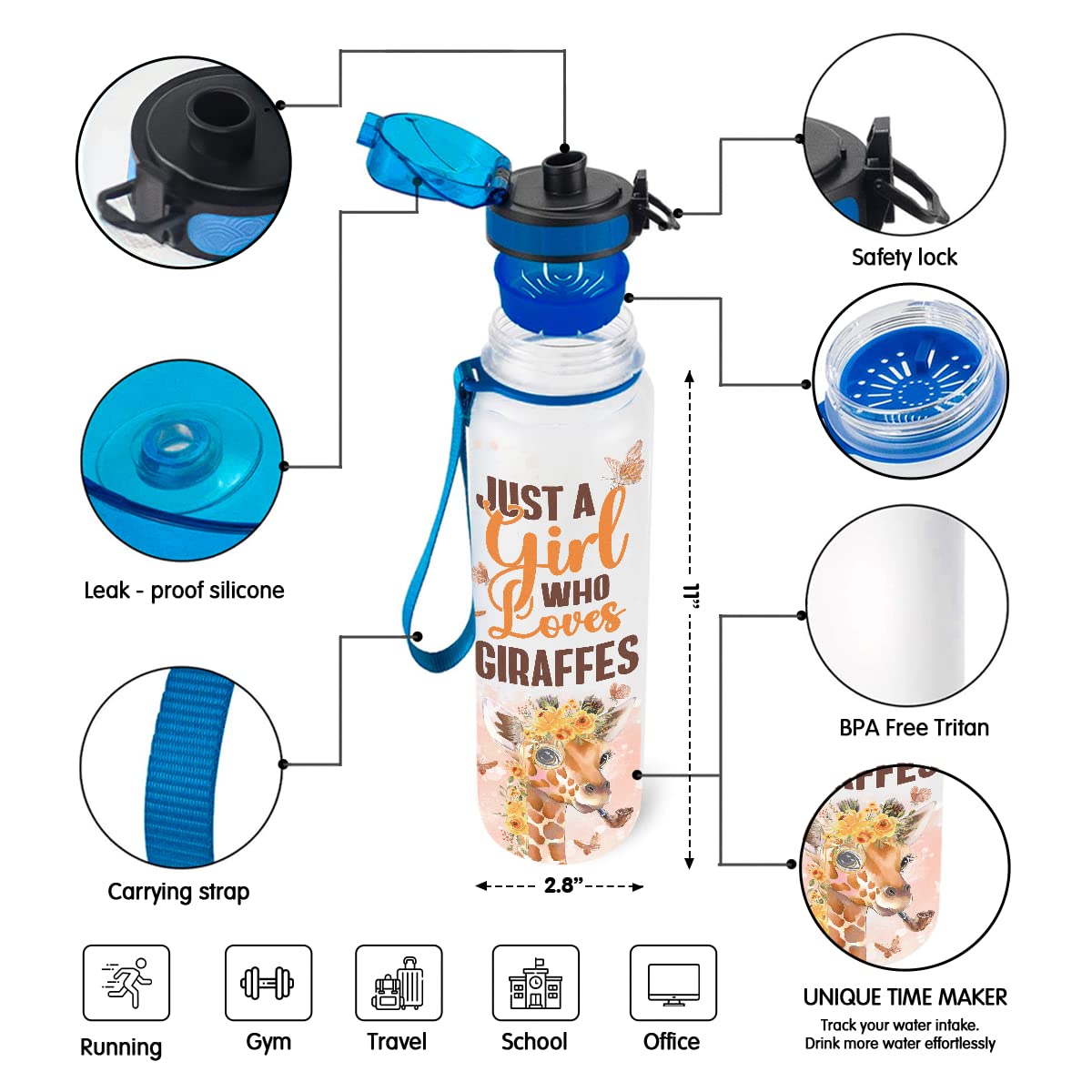 Wowcugi Personalized 32oz Giraffe Water Bottle with Time Marker - Custom Sports & Workout Bottle for Women, Girls, Kids & Teens - Perfect Gift for Giraffe Lovers - Ideal for Gym, School, Office & Outdoor Activities