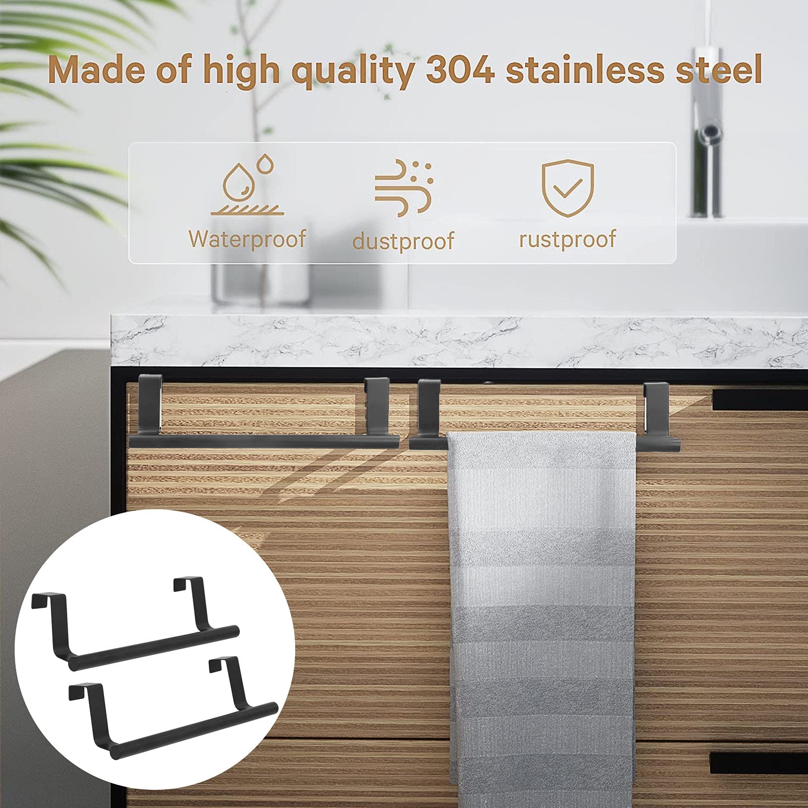 2-Pack No Drill No Nail Cabinet Door Towel Rack - 36cm Bathroom & Kitchen Towel Holder, Dish Cloth Hanger, Robe Hook for Home, Hotel - Space Saving Storage Solution for Small Bathrooms & Compact Kitchens