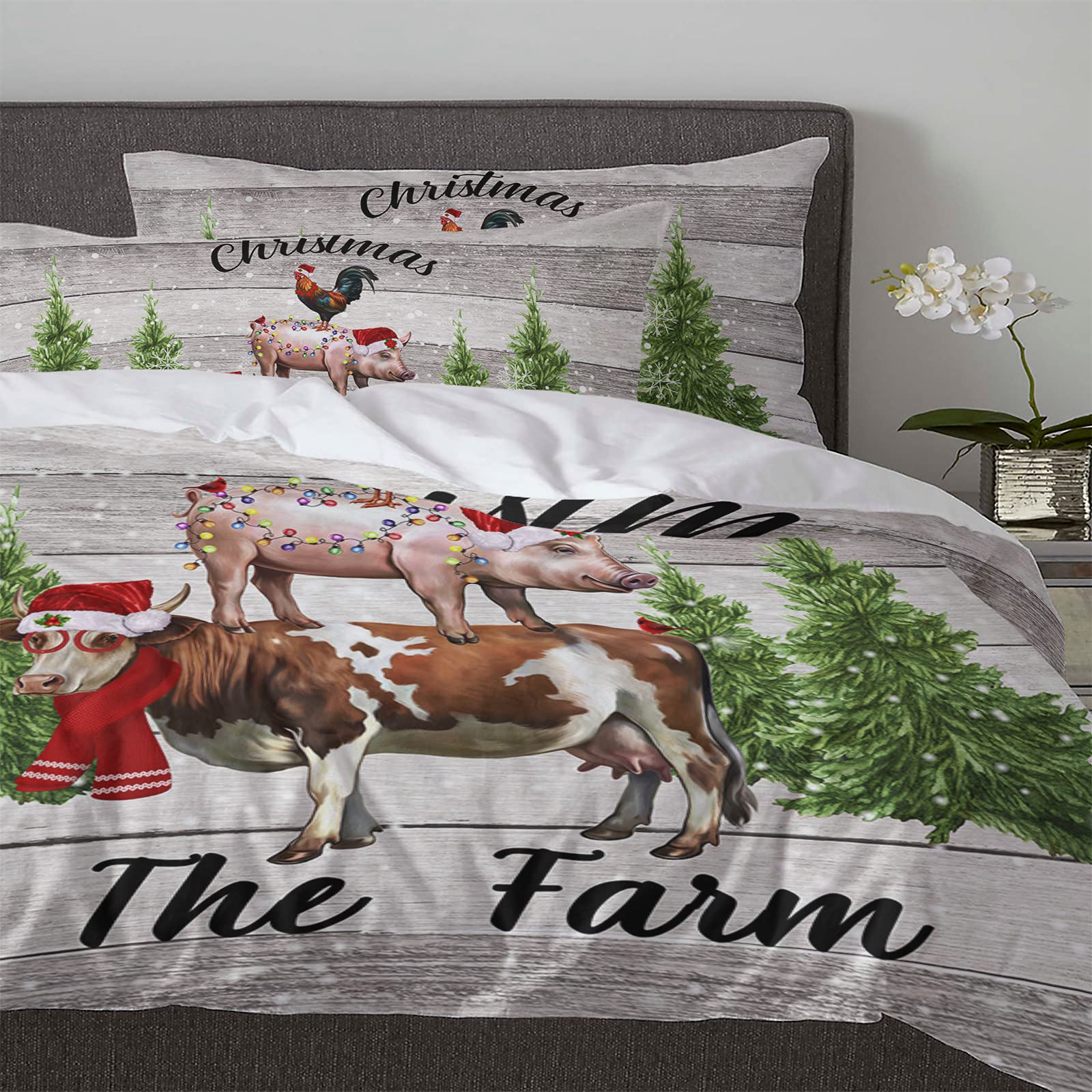 3-Piece Christmas Farm Animal Duvet Cover Set Twin - Chicken Pig Cow Print Bedding with 2 Pillowcases - Soft Quilt Cover for Kids, Teens & Adults - Perfect for Holiday Bedroom Decor & Cozy Winter Nights