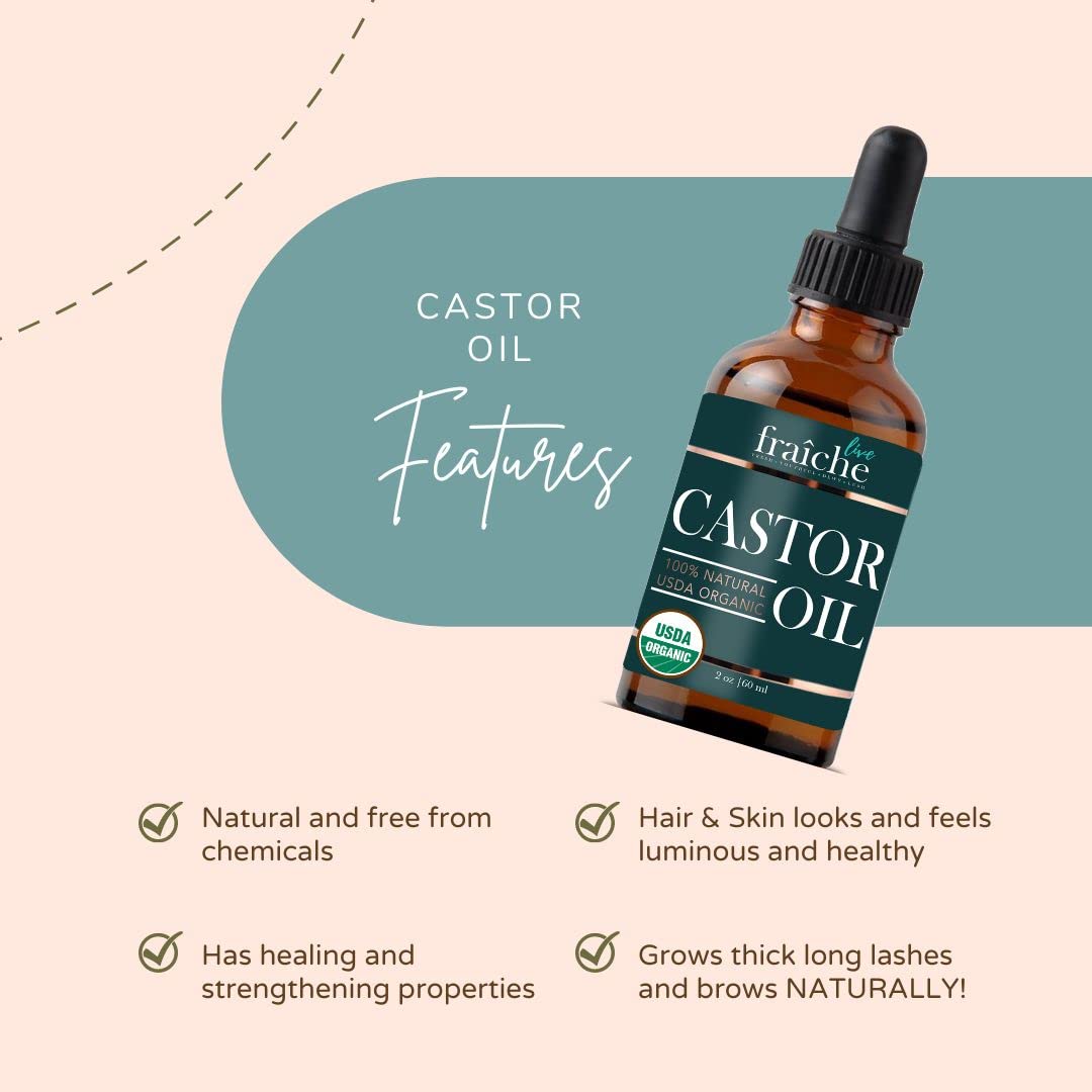 Organic Castor Oil for Eyelashes & Eyebrows Growth - 100% Pure Cold Pressed Hexane-Free (2oz) with Mascara Tube - USDA Certified by Live Fraiche - Natural Lash & Brow Serum for Thicker Hair - Perfect for Nighttime Treatment & Daily Conditioning