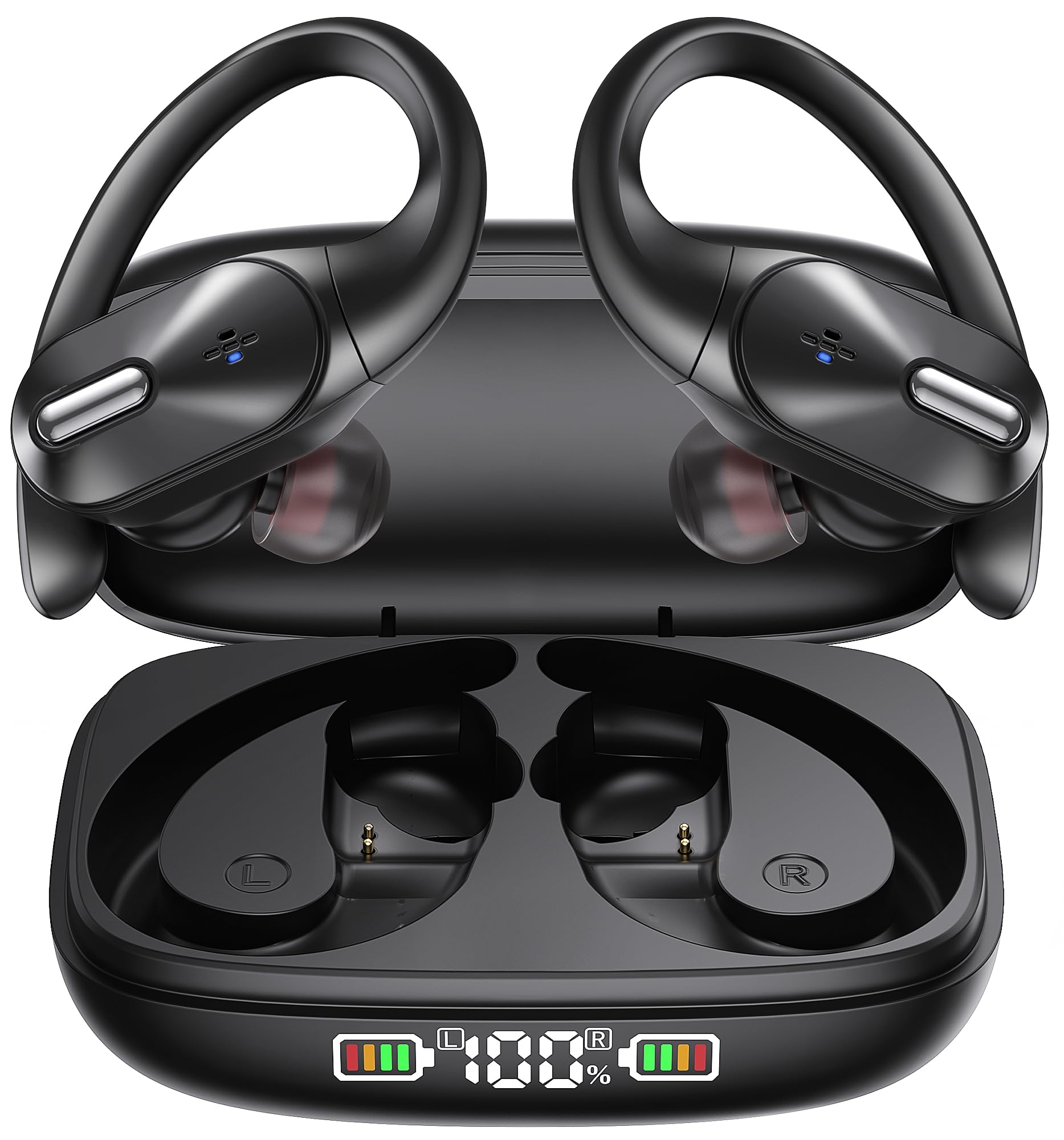Premium Wireless Bluetooth Earbuds with Deep Bass, 48H Playtime & LED Display - IPX7 Waterproof Sports Earphones with Wireless Charging Case, Built-in Mic & Secure Earhooks for Running, Gym & Outdoor Activities