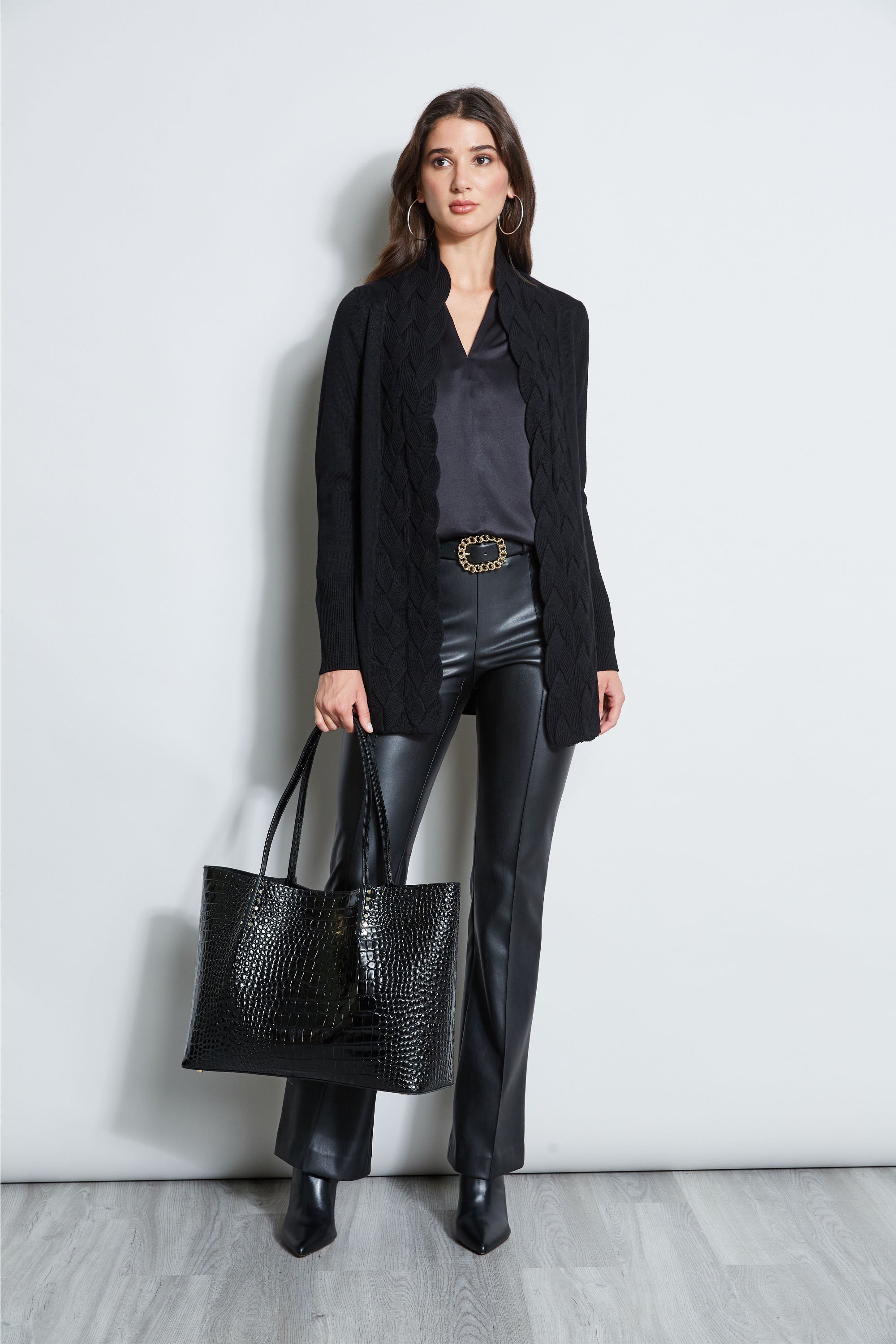 E95X5504 Black Cable Knit Cardigan Sweater for Women - Cozy Winter Layering & Casual Outfits