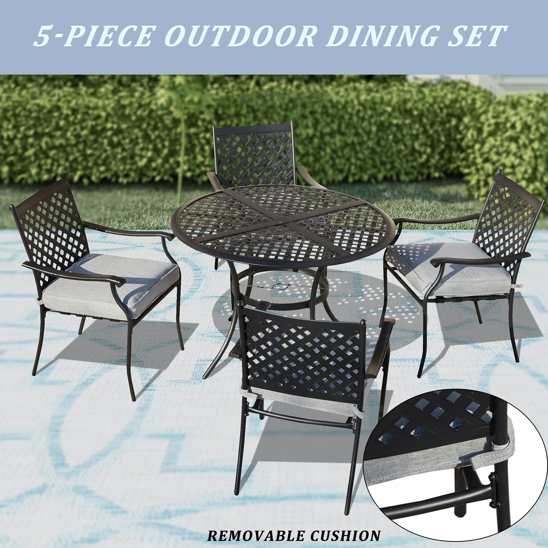 LOKATSE HOME 5-Piece Outdoor Dining Set - Metal Patio Furniture with Round Table & 4 Chairs, Umbrella Hole - Grey - Perfect for Backyard, Garden, Poolside & Deck Relaxation
