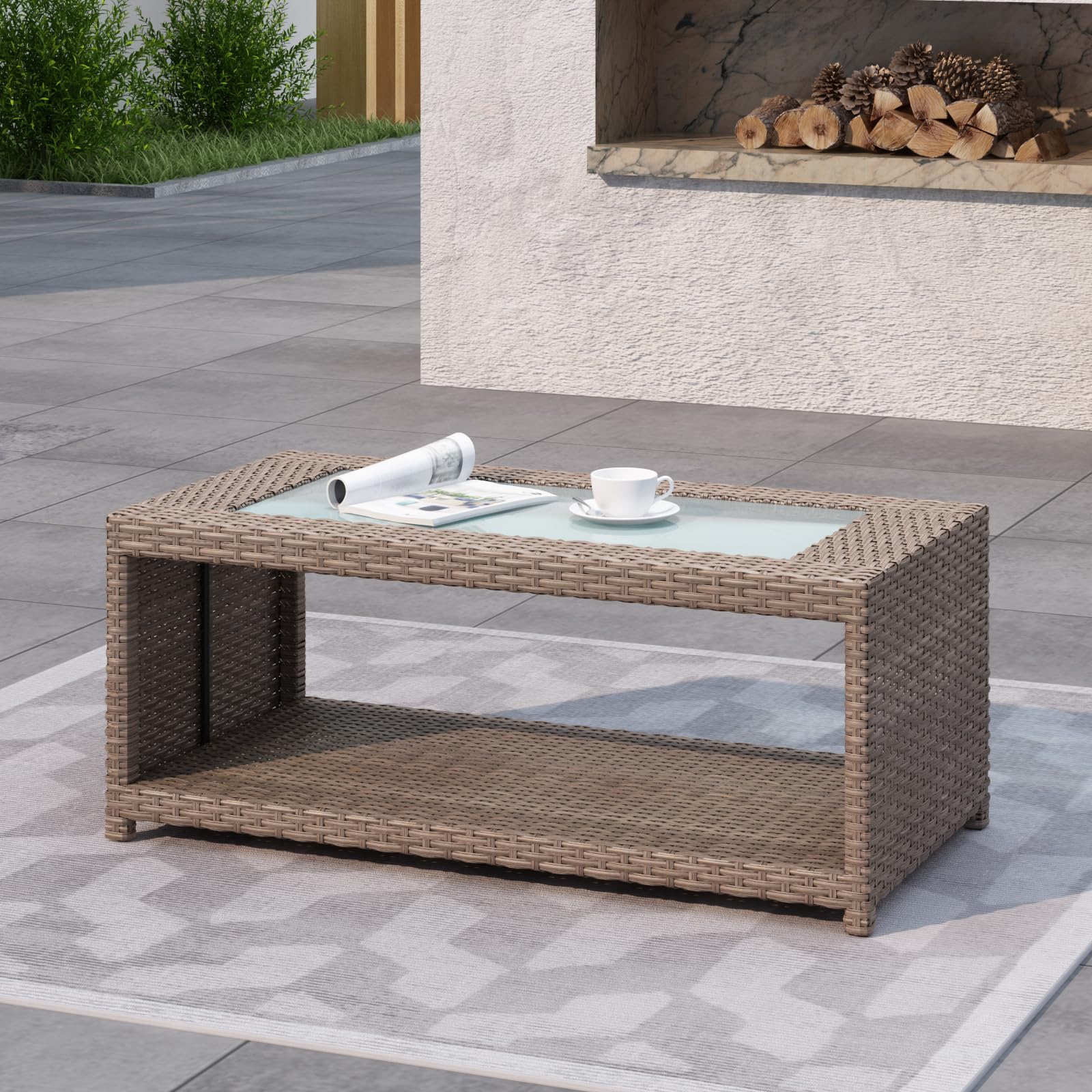DIMAR GARDEN Outdoor Coffee Table - Wicker Rattan Patio Side Table with Storage & Tempered Glass Top - Modern Luxury Furniture for Garden, Balcony, Poolside - Light Brown