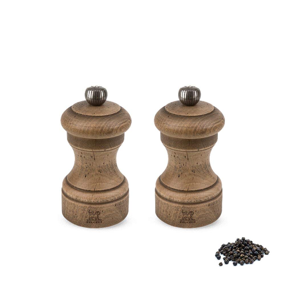 Peugeot Bistro Antique DUO 4 inch Salt and Pepper Shaker Set - Distressed Beechwood Finish - Vintage Style Kitchen Tableware for Restaurants, Home Dining & Gift Giving
