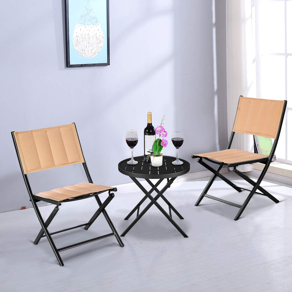 Giantex 3-Piece Patio Folding Table and Chairs Set, Outdoor Bistro Garden Furniture with Steel Frame - Perfect for Backyard, Deck, Balcony, and Poolside Relaxation
