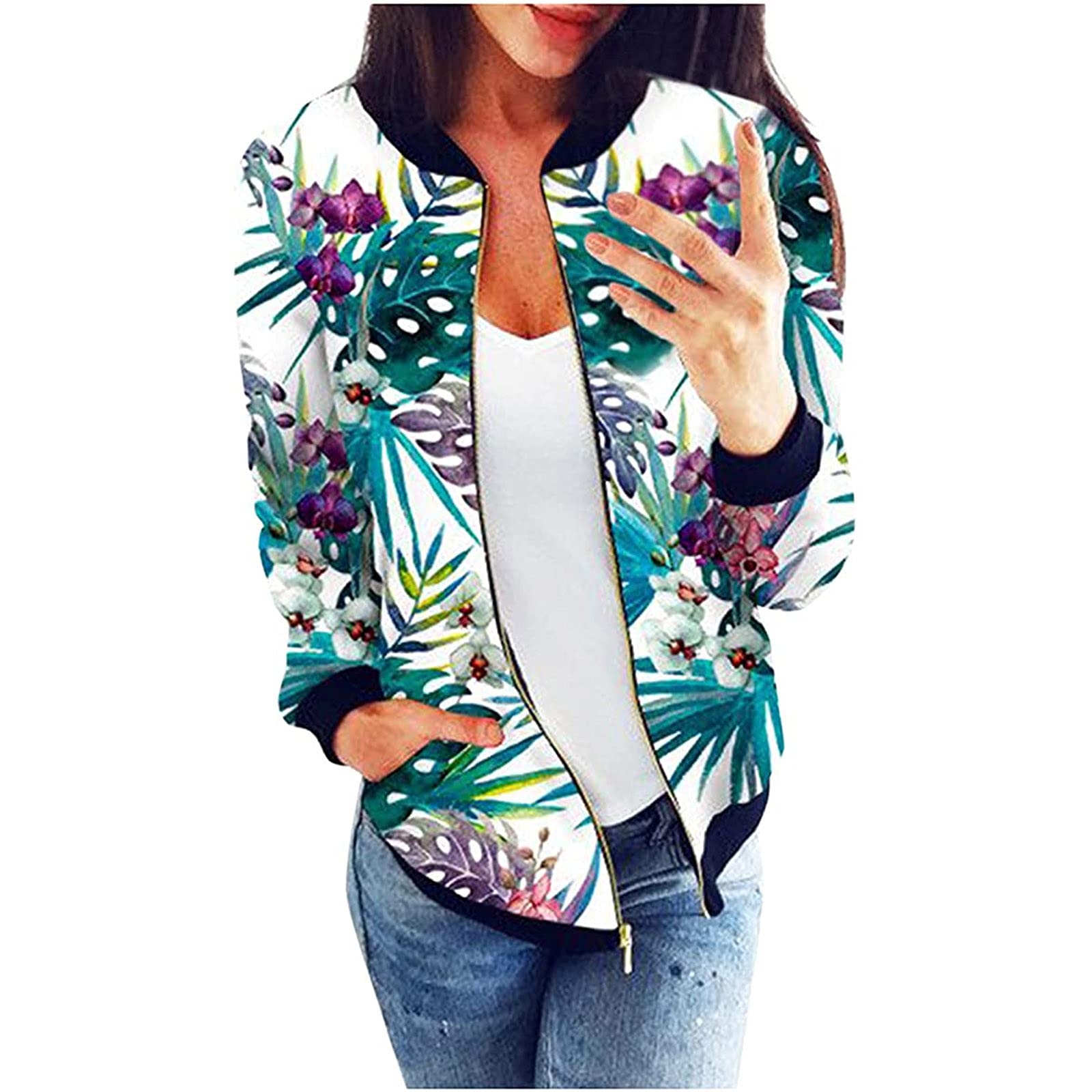 Women's Bomber Jacket - Lightweight Summer Tunic Top with Zip Stand-Up Collar | Trendy Casual Outwear for Street Style & Layering