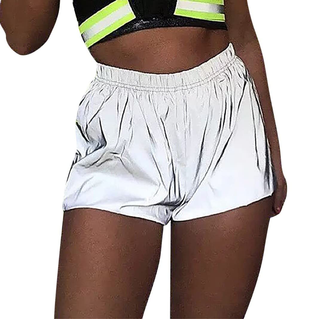 Women's Reflective Checkered Shorts - Shiny Sport Bottoms for Night Club, Party & Festival Outfits | High Waisted Rave Pants for Women | Perfect for Dancing, Running & Nighttime Workouts