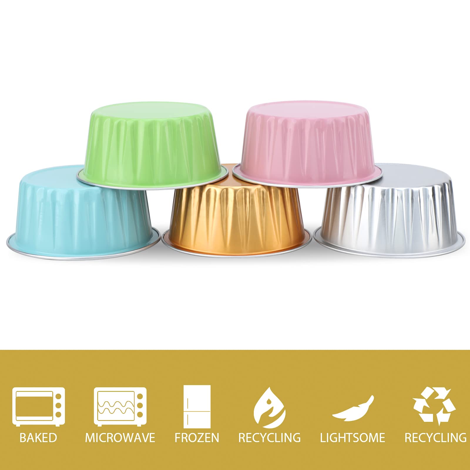 EUSOAR 5oz Aluminum Foil Dessert Cups - 50pcs Disposable Baking Ramekins for Creme Brulee, Cupcakes & Cheesecakes | 5 Color Mixed Mini Muffin Liners | Perfect for Party Baking, Wedding Desserts & Holiday Gatherings